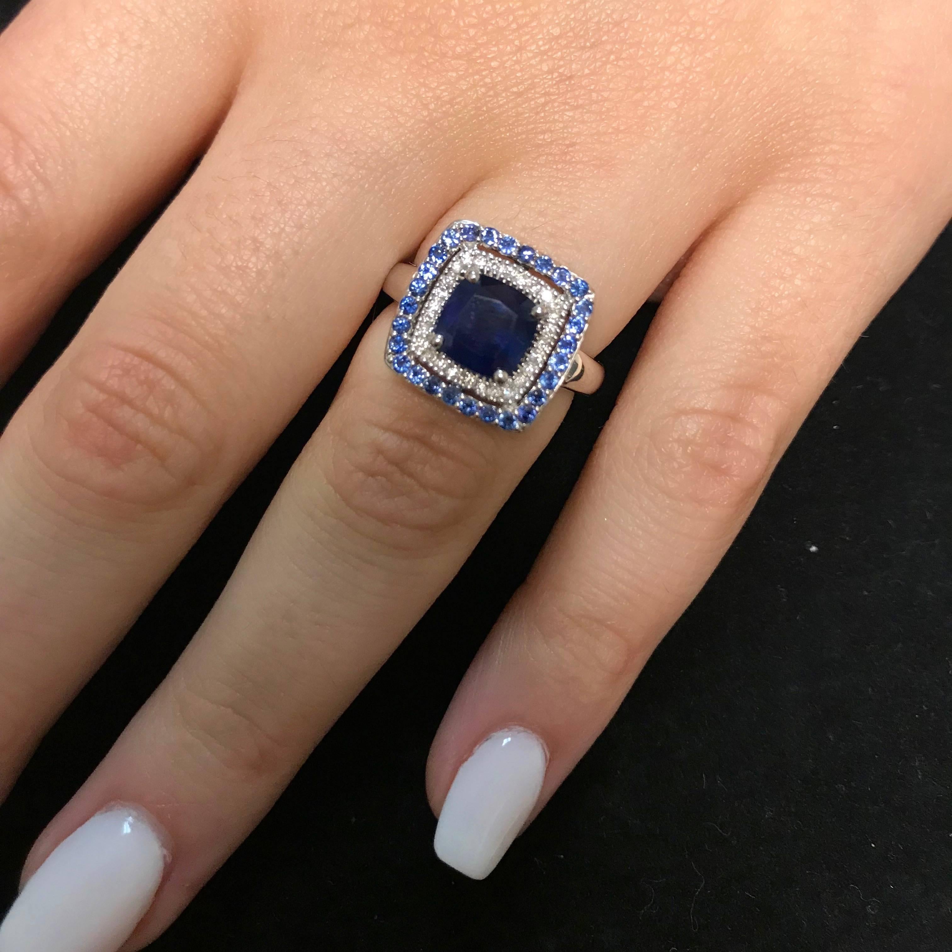 Contemporary 2.25 Carat Cushion Blue Sapphire and White Diamond Ring