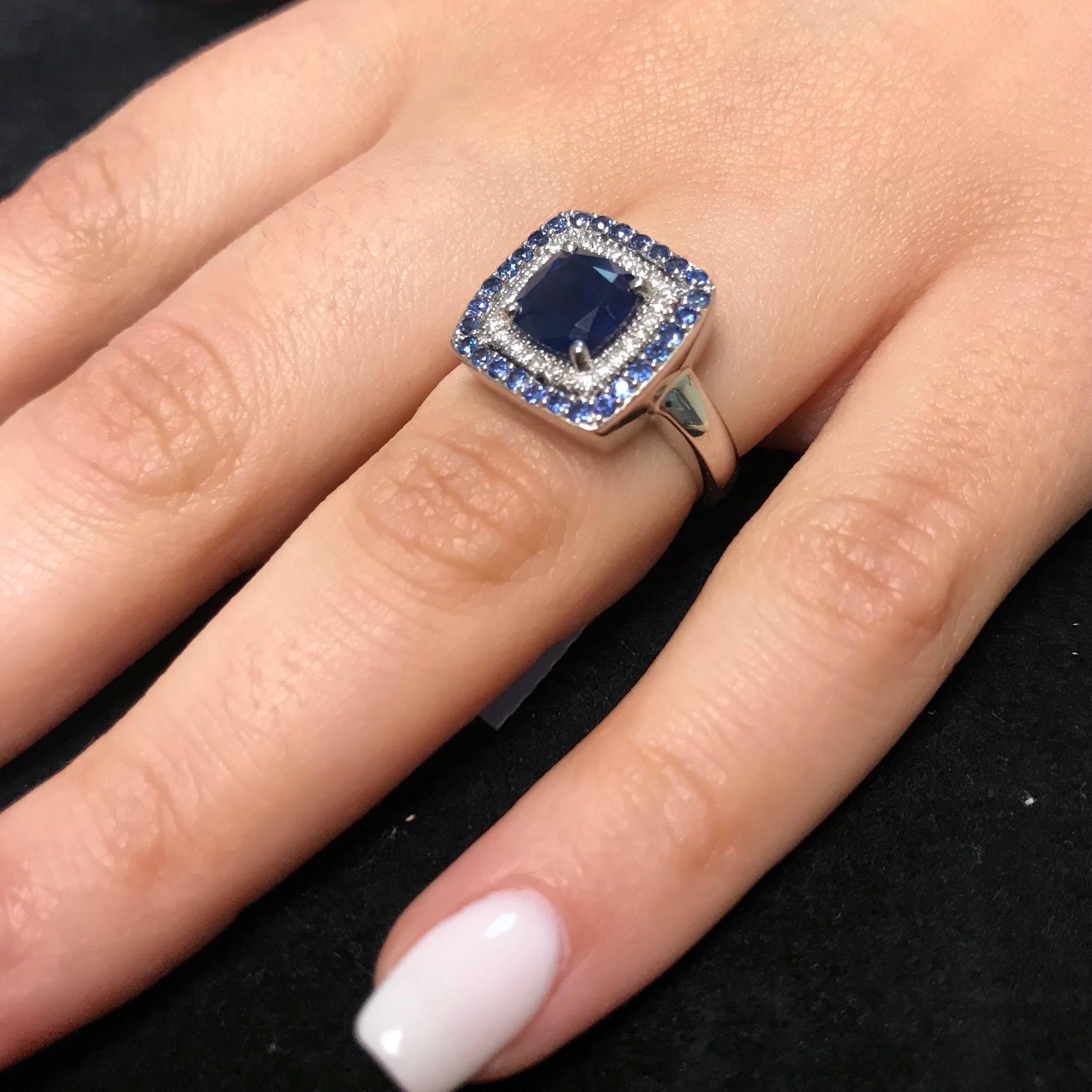 Cushion Cut 2.25 Carat Cushion Blue Sapphire and White Diamond Ring