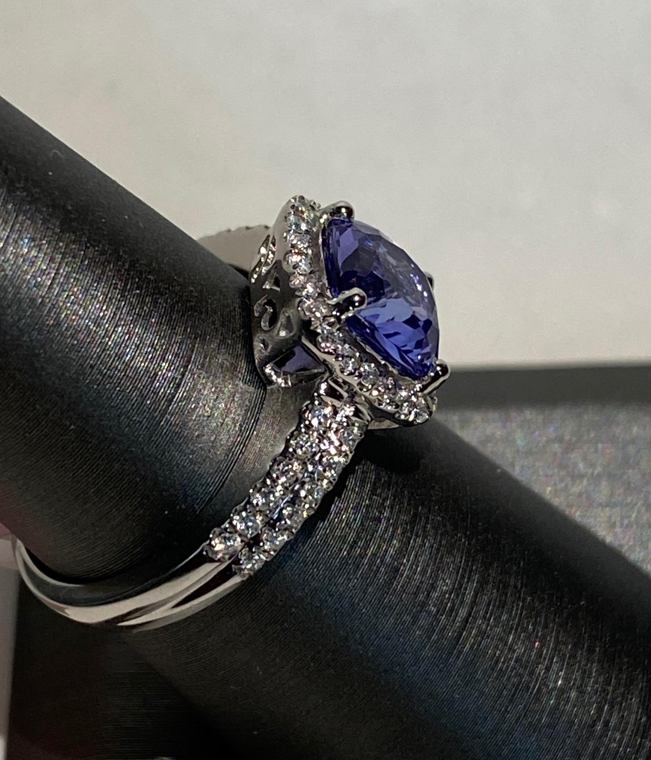 2.25 Carat Cushion Cut Tanzanite Diamond Halo Ring In New Condition For Sale In Trumbull, CT