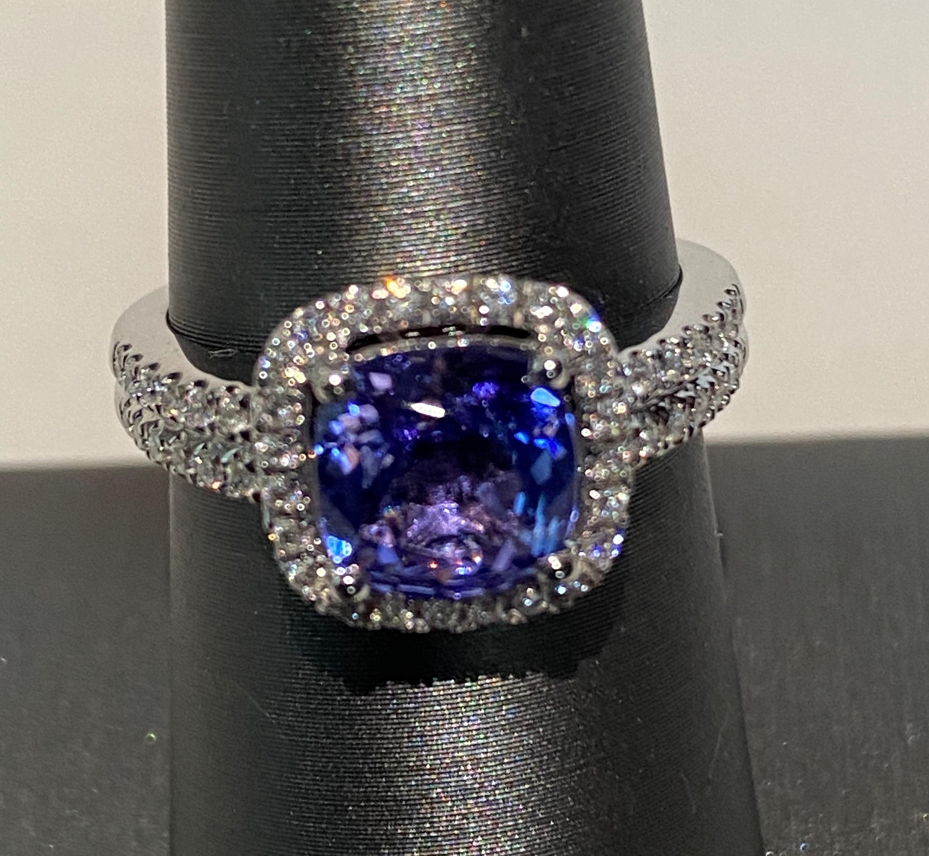 2.25 Carat Cushion Cut Tanzanite Diamond Halo Ring For Sale 1