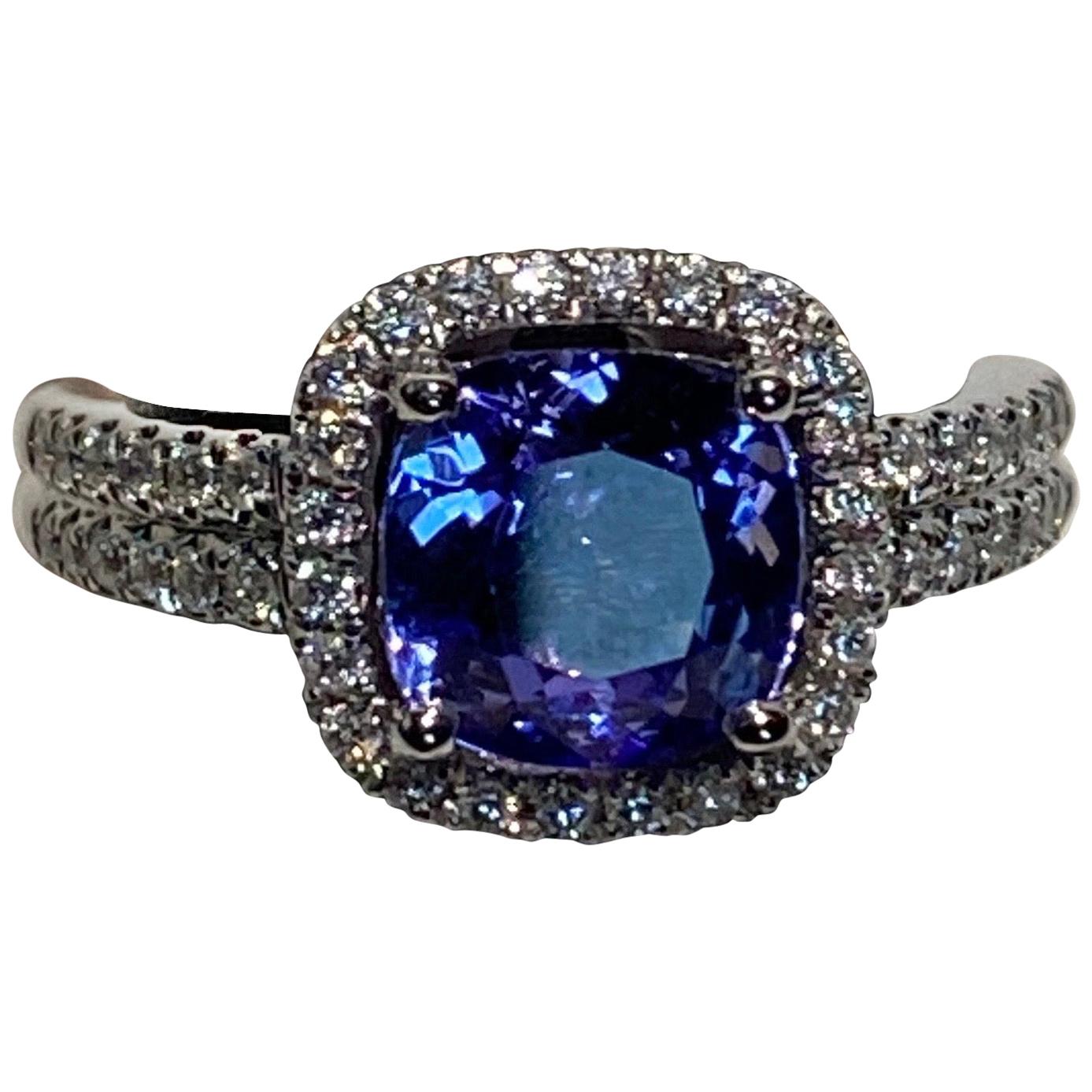 2.25 Carat Cushion Cut Tanzanite Diamond Halo Ring