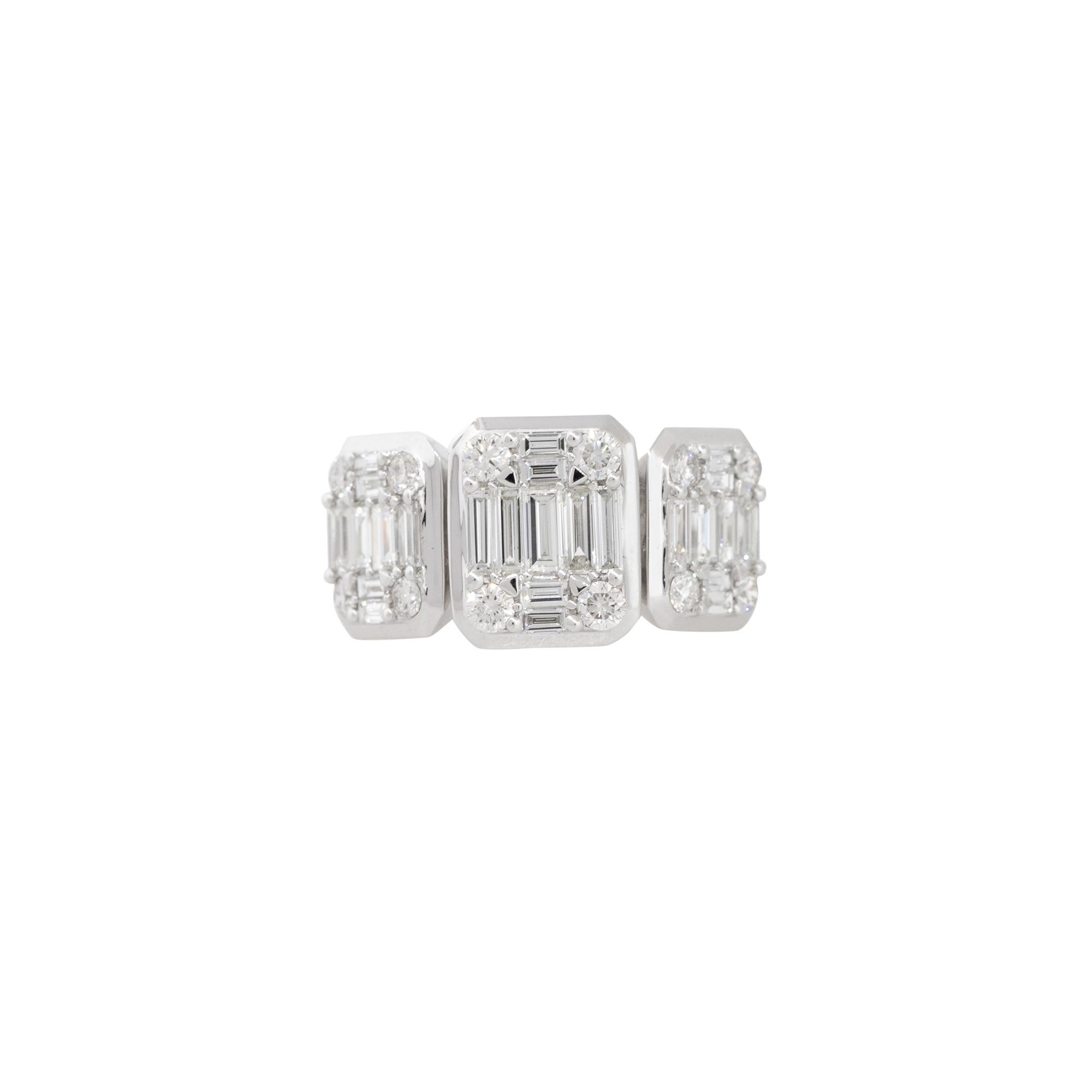 18k White Gold 2.25ctw Diamond 3 Station Mosaic Ring
Style: Women's Diamond Mosaic Ring
Material: 18k White Gold
Main Diamond Details: Approximately 2.25ctw of mixed shape Diamonds. There are 3 square shaped diamond mosaic stations with 37 diamonds