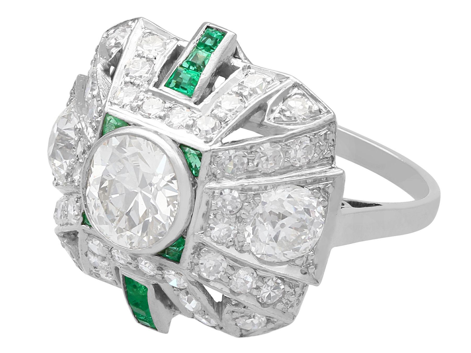 Round Cut Art Deco 2.25 Carat Diamond and Emerald Platinum Cluster Ring