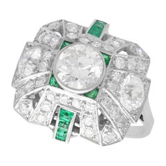 Art Deco 2.25 Carat Diamond and Emerald Platinum Cluster Ring