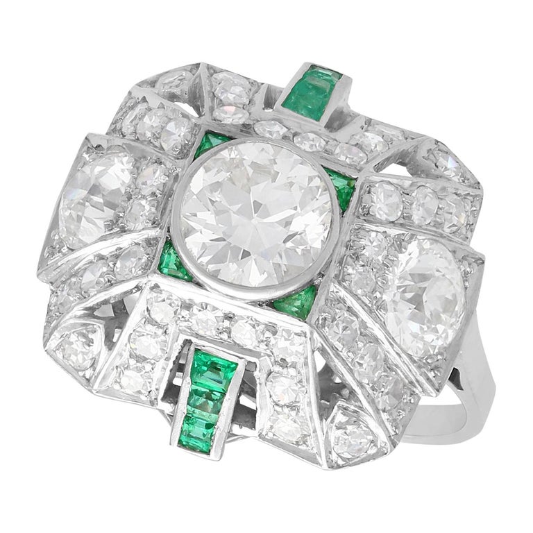 Art Deco 2.25 Carat Diamond and Emerald Platinum Cluster Ring