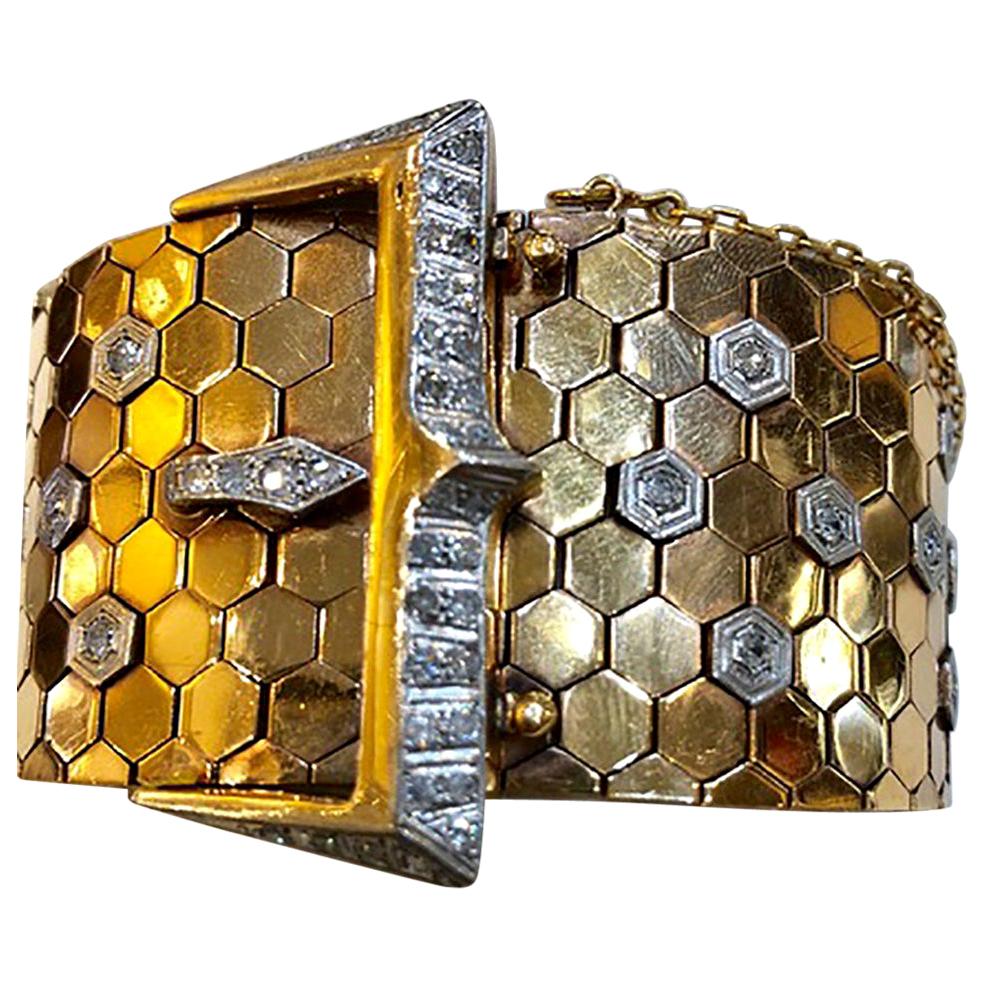 Diamond and Yellow Gold Hexagonal Bracelet 18 Karat For Sale
