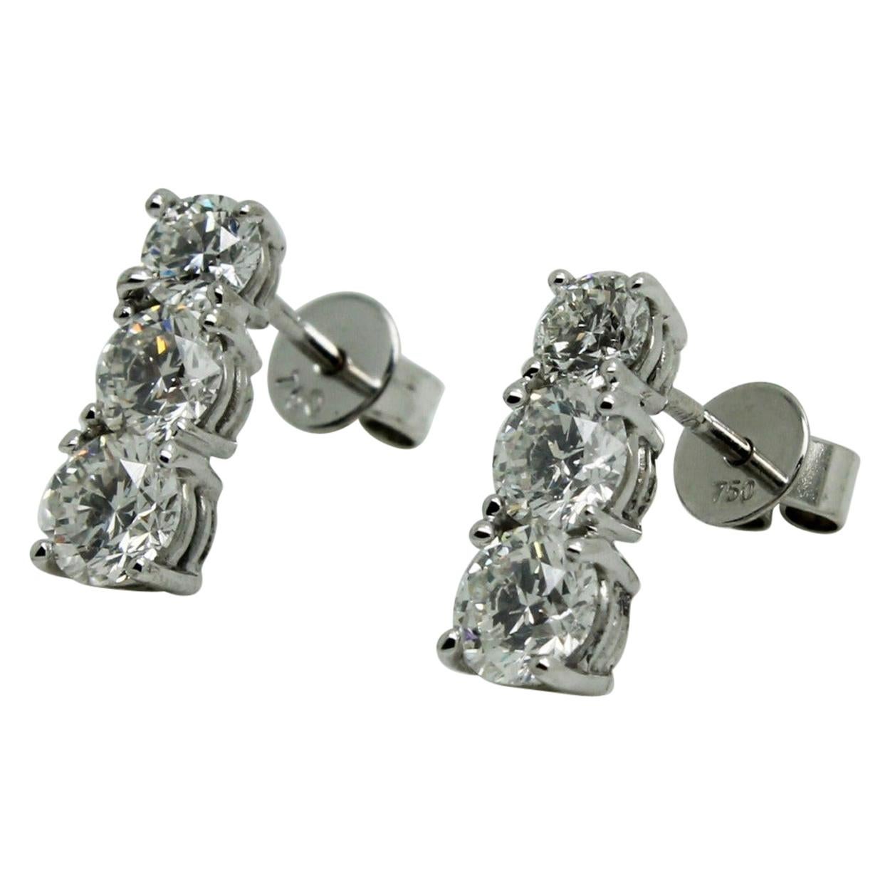 2.25 Carat Diamond Bespoke Three Drops Round Cut Earrings 18 Karat White Gold For Sale