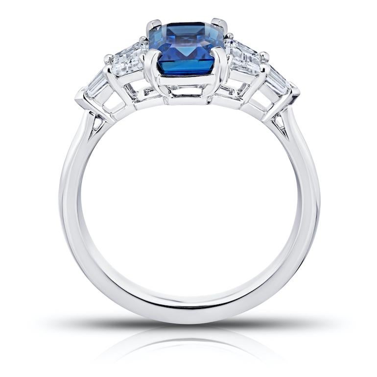 Contemporary 2.25 Carat Emerald Cut Blue Sapphire and Diamond Platinum Ring For Sale