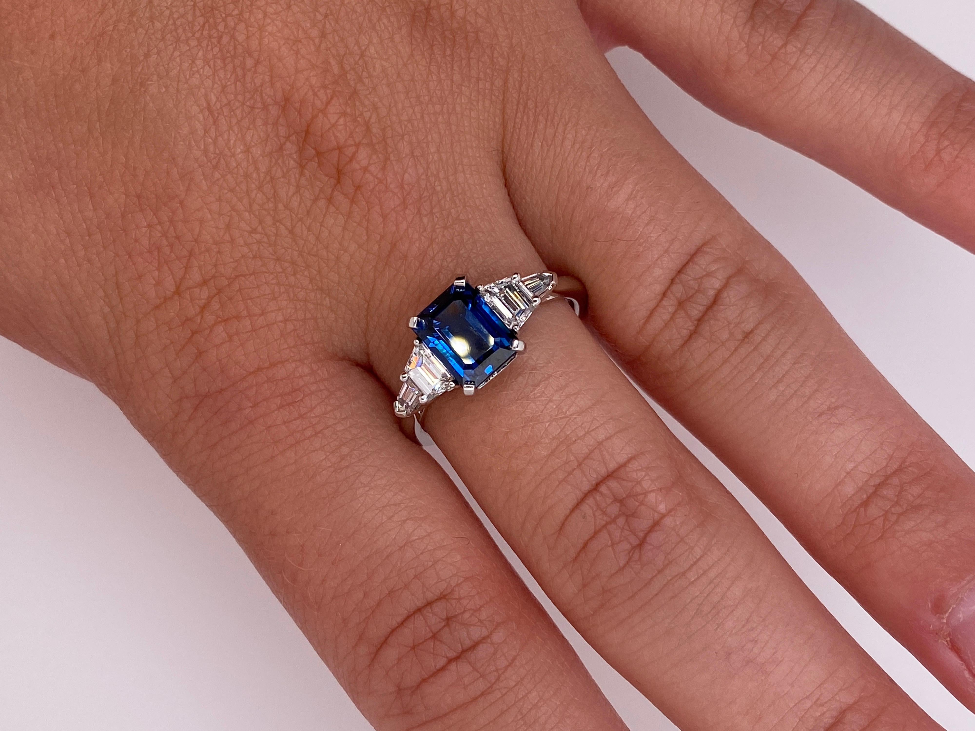 Women's 2.25 Carat Emerald Cut Blue Sapphire and Diamond Platinum Ring For Sale