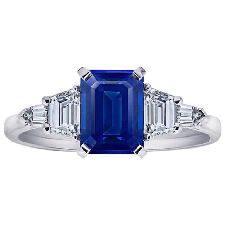 2.25 Carat Emerald Cut Blue Sapphire and Diamond Platinum Ring For Sale
