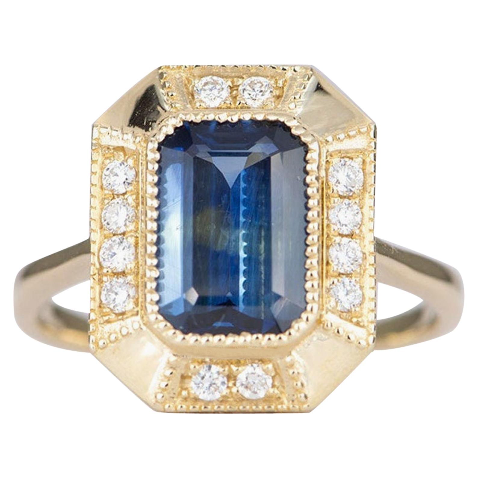 2.25 Carat Emerald Cut Teal Blue Sapphire 14 Karat Gold Diamond Halo Ring AD1813 For Sale