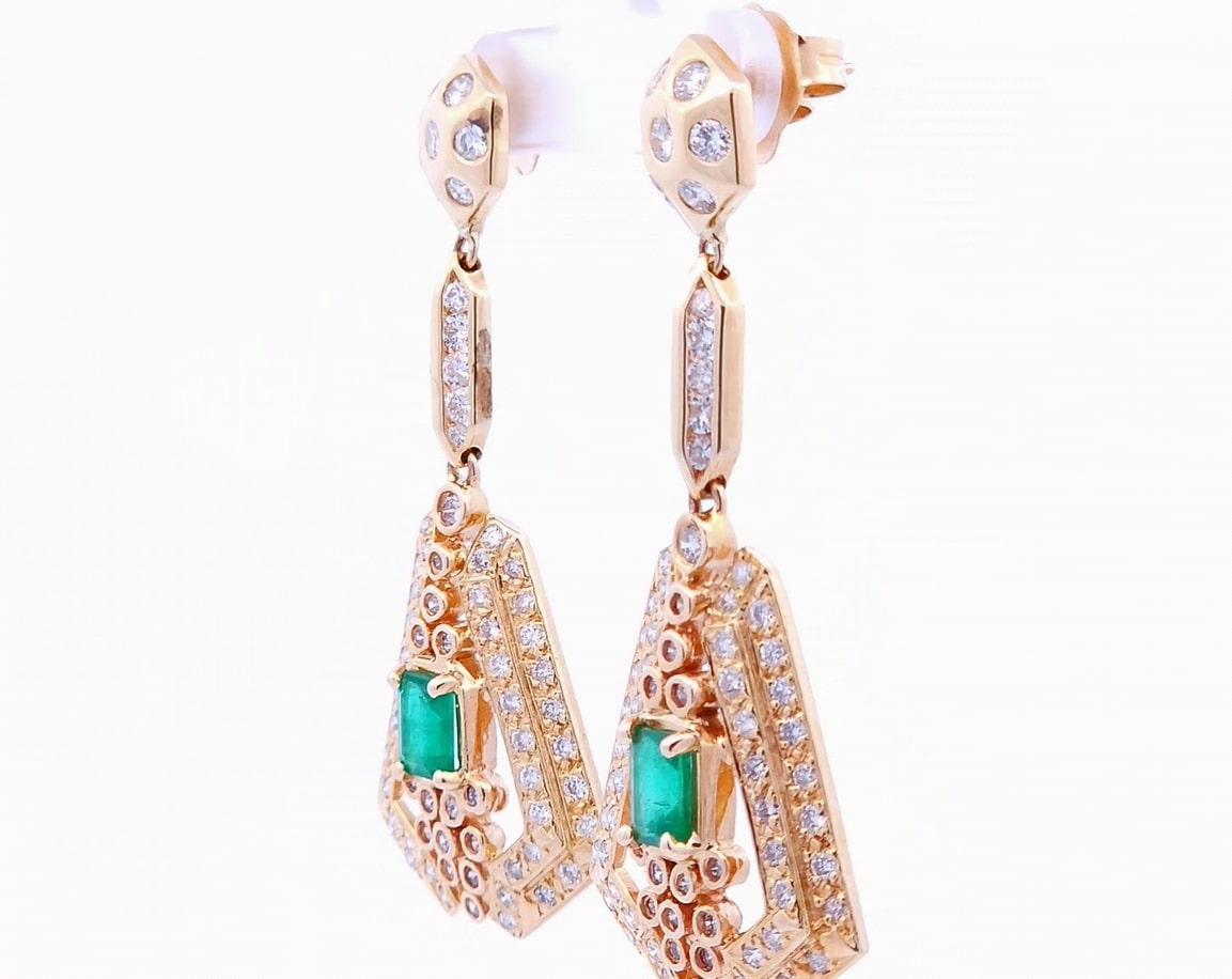 Emerald Cut 2.26 Carat Emerald Dangle Earrings in 14K Yellow Gold