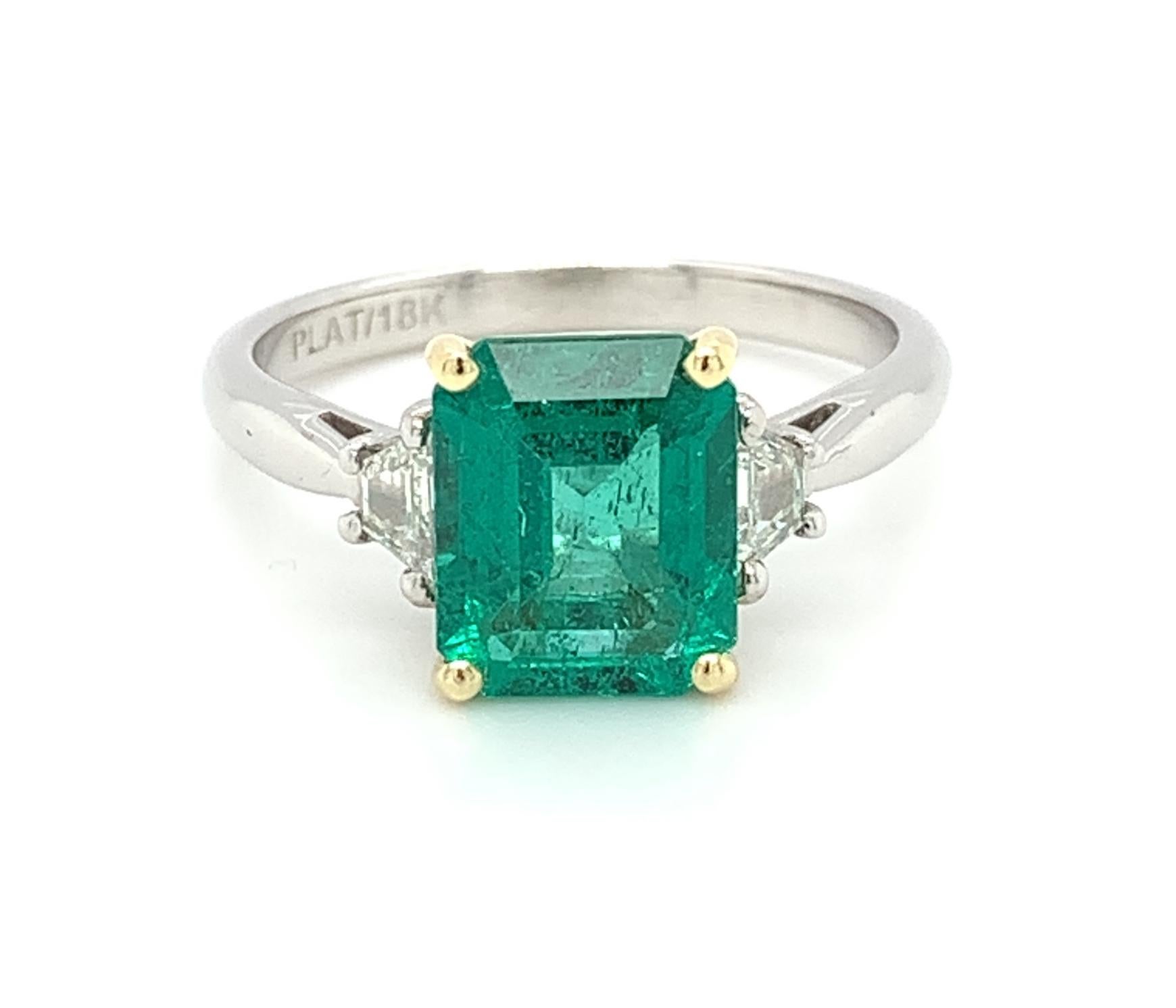Artisan 2.25 Carat Emerald and Diamond Engagement Ring in Platinum and Yellow Gold For Sale
