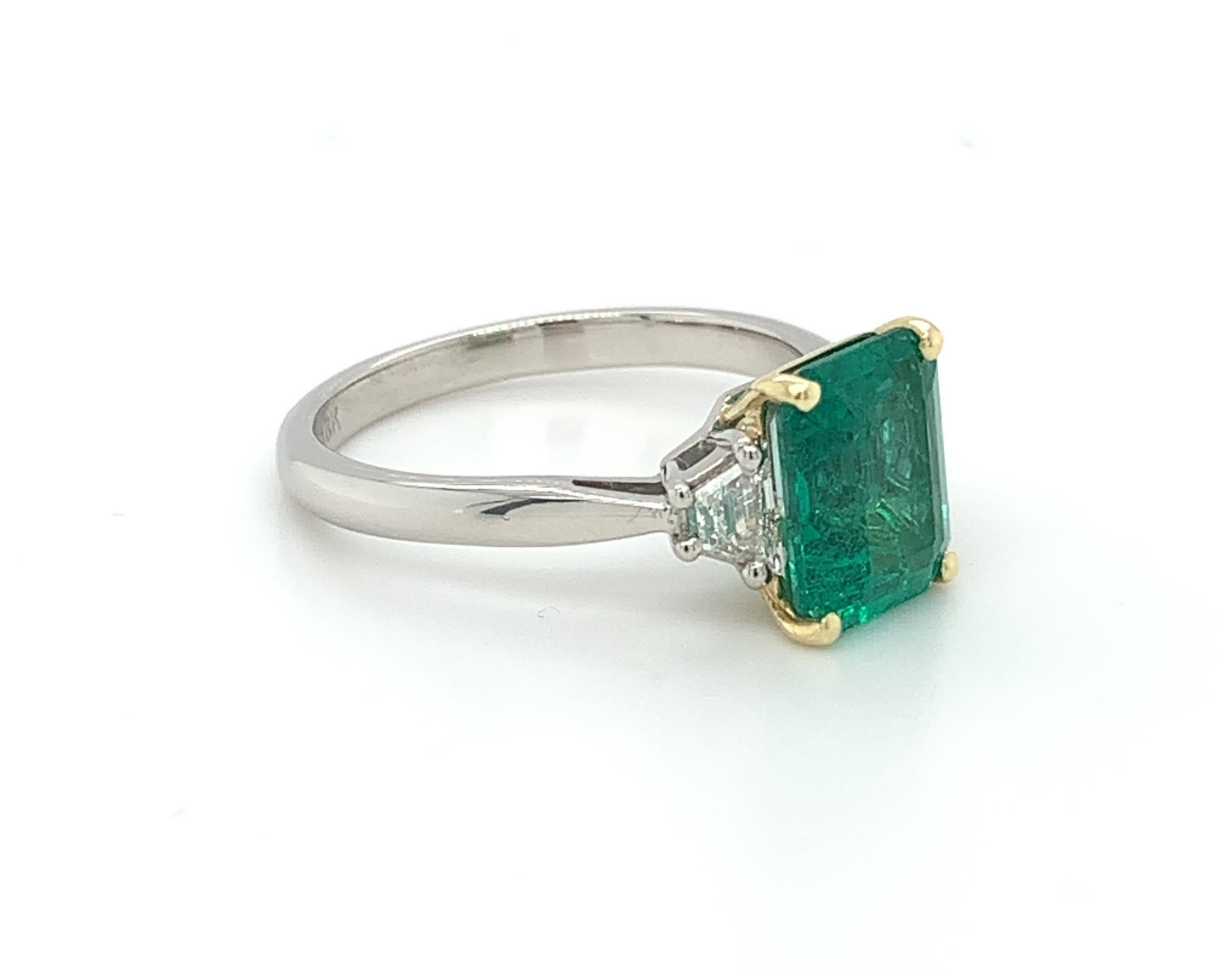 Emerald Cut 2.25 Carat Emerald and Diamond Engagement Ring in Platinum and Yellow Gold For Sale