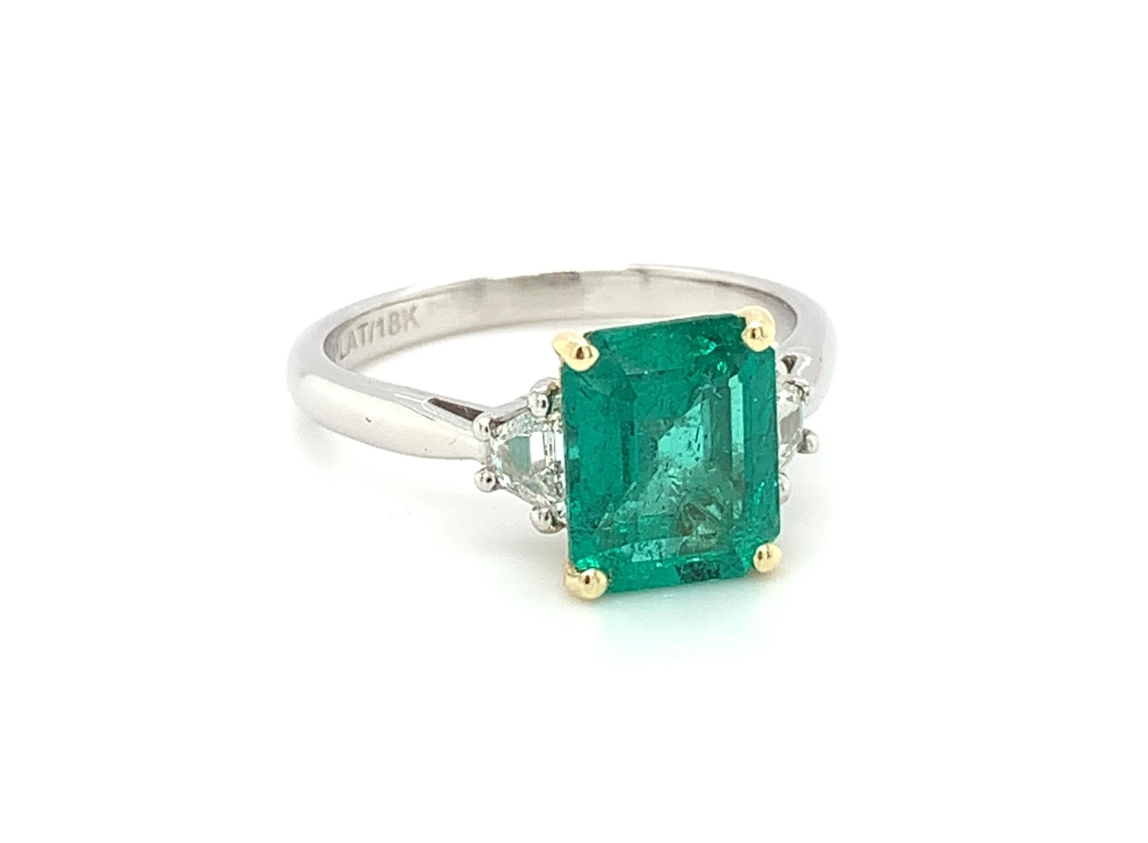 Women's 2.25 Carat Emerald and Diamond Engagement Ring in Platinum and Yellow Gold For Sale