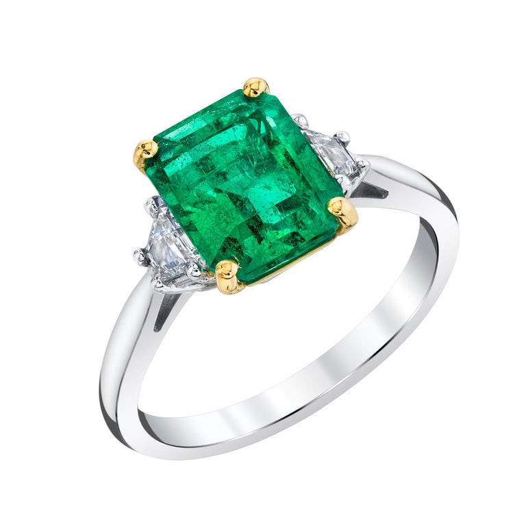 2.25 Carat Emerald, Diamond, Platinum Yellow Gold 3-Stone Engagement ...
