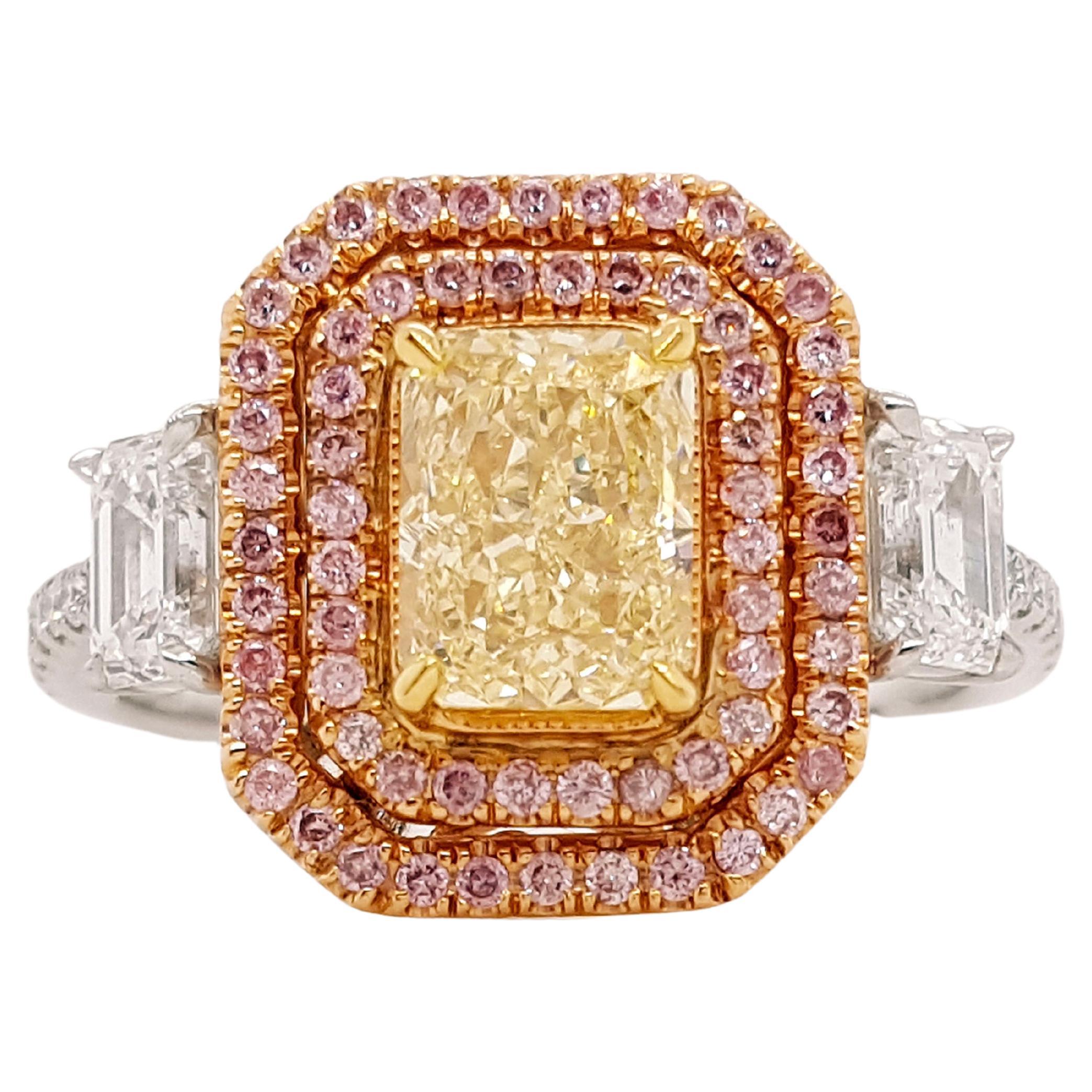 2.25 Carat Fancy Yellow and Pink Diamond Engagement 3 Stones Ring, GIA Certified For Sale