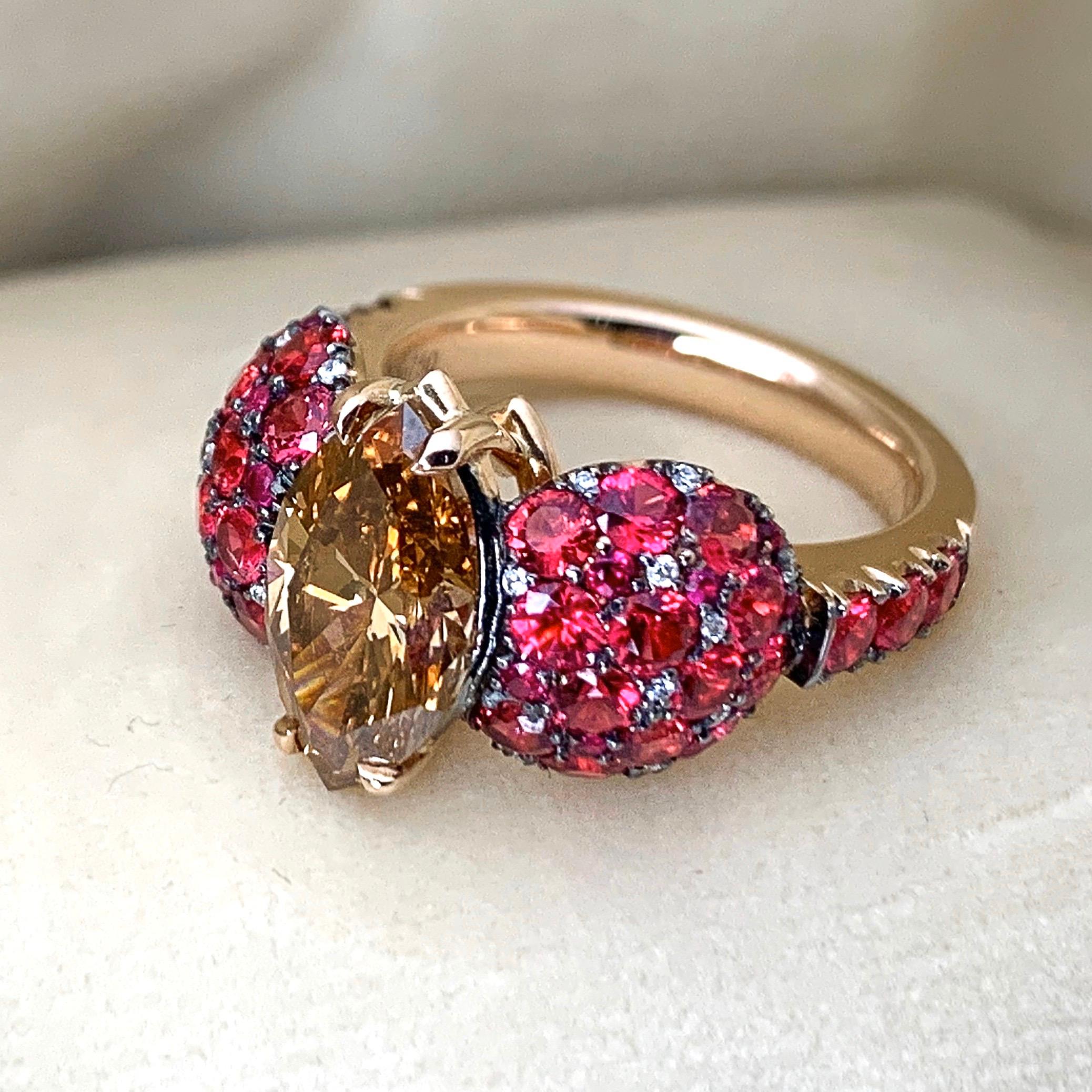 Women's 2.25 Carat GIA Certified Fancy Orange Brown Diamond Burmese Red Spinel Ring For Sale