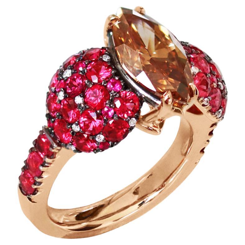 2,25 Karat GIA-zertifizierter orange-brauner Diamant-Ring mit burmesischem rotem Spinell im Angebot