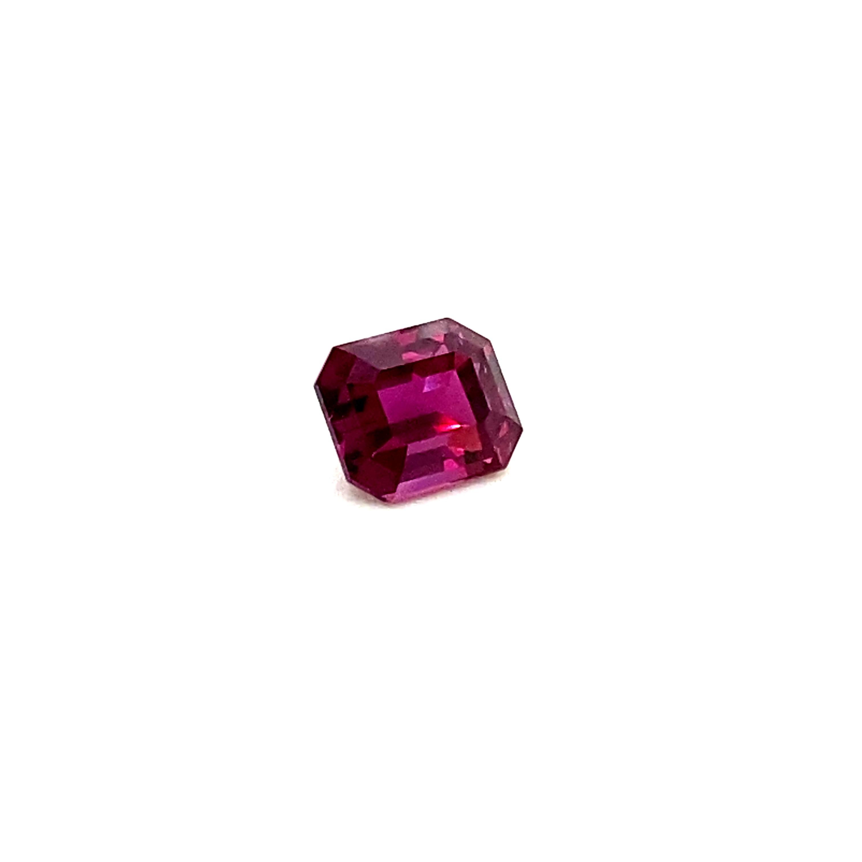 2.25 Carat GRS Certified Octagon Cut Vivid Purple-Red Ruby:

A very rare gemstone, it is a GRS certified natural octagon cut vivid purple-red ruby weighing 2.25 carat. The ruby has excellent cutting proportions, and possesses extremely fine colour