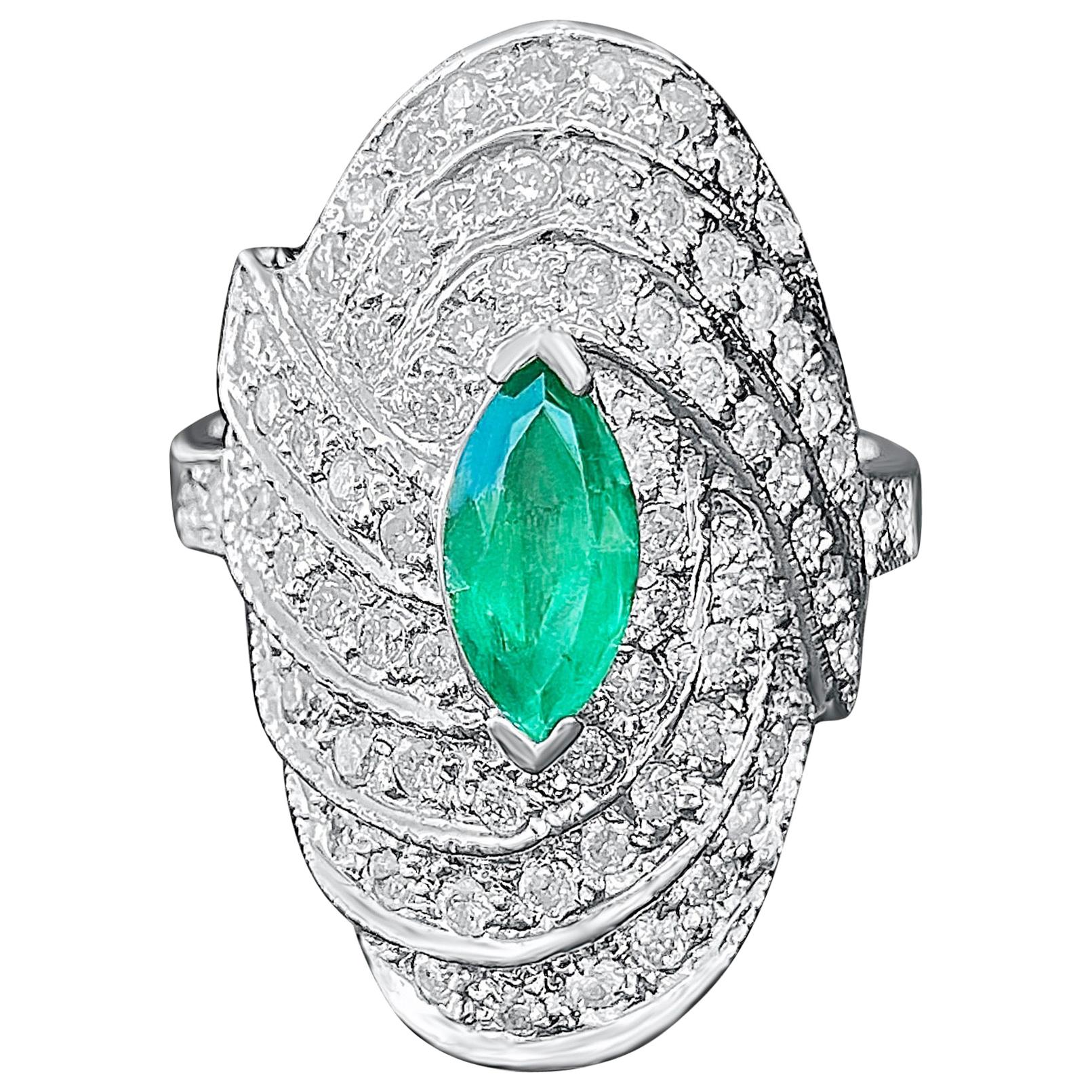 2.25 Carat Marquis-Cut Colombian Emerald and Diamond 14 Karat White Gold Ring For Sale