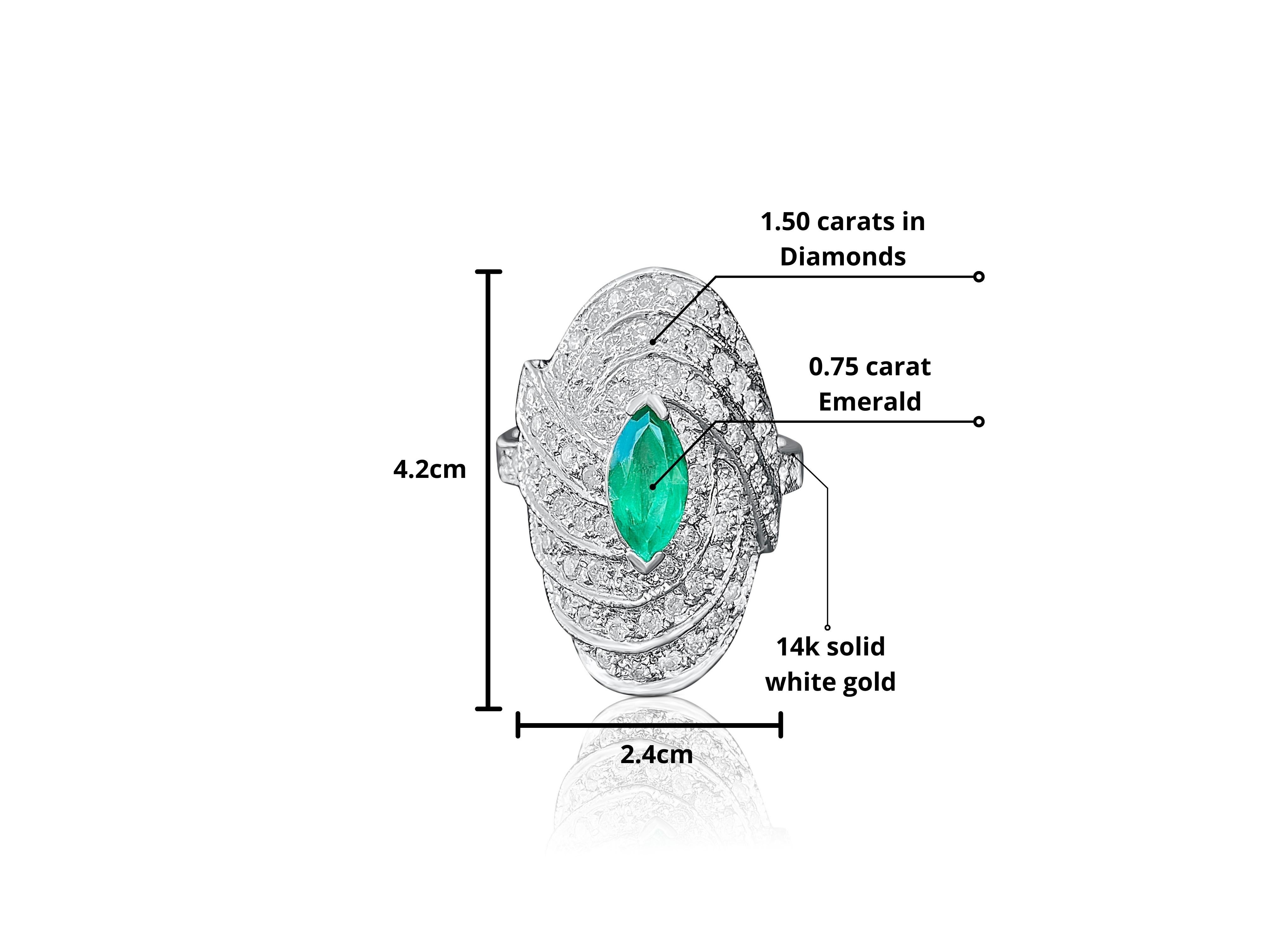 2.25 Carat Marquis-Cut Colombian Emerald and Diamond 14 Karat White Gold Ring For Sale 3