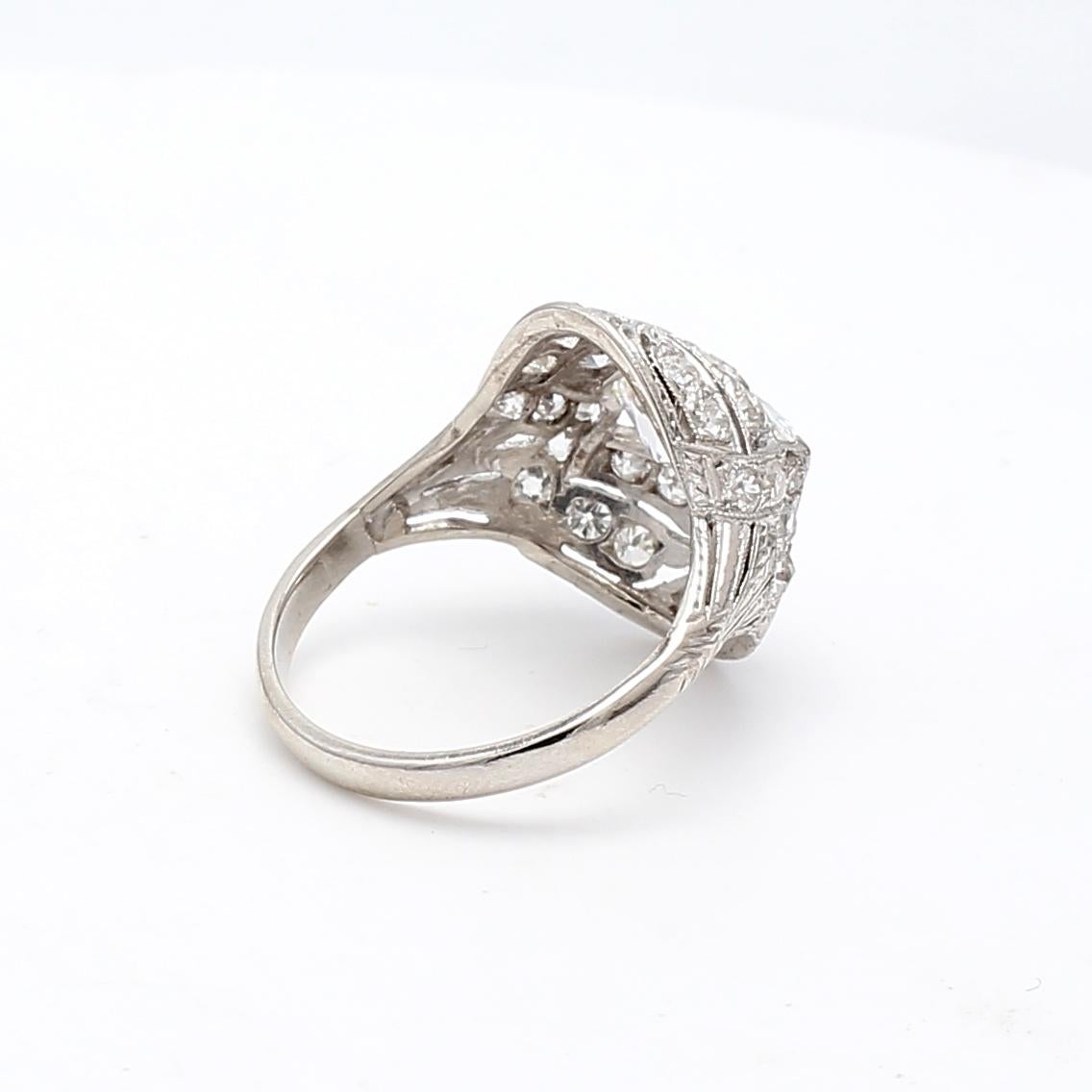 Marquise Cut 2.25 Carat Marquis Shape and Round Brilliant Diamond Platinum Art Deco Ring For Sale