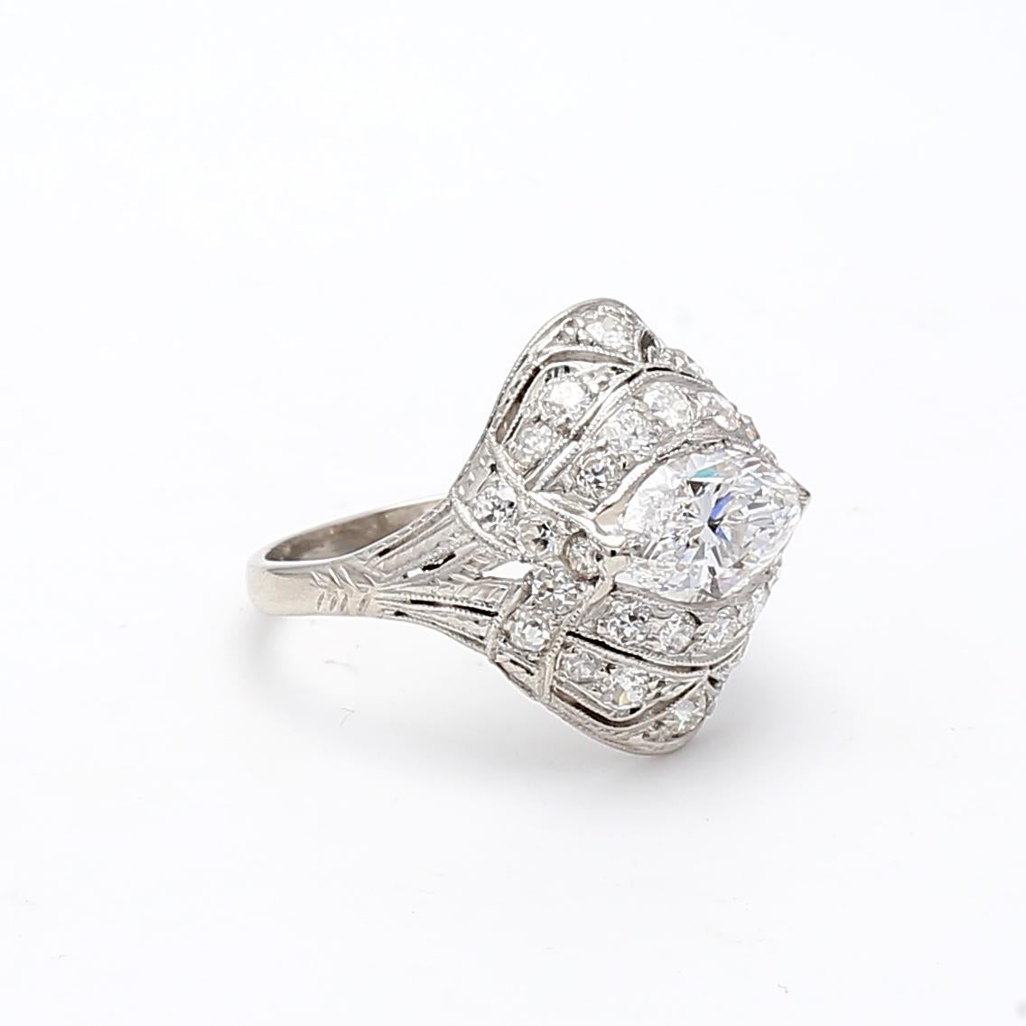 Women's 2.25 Carat Marquis Shape and Round Brilliant Diamond Platinum Art Deco Ring For Sale
