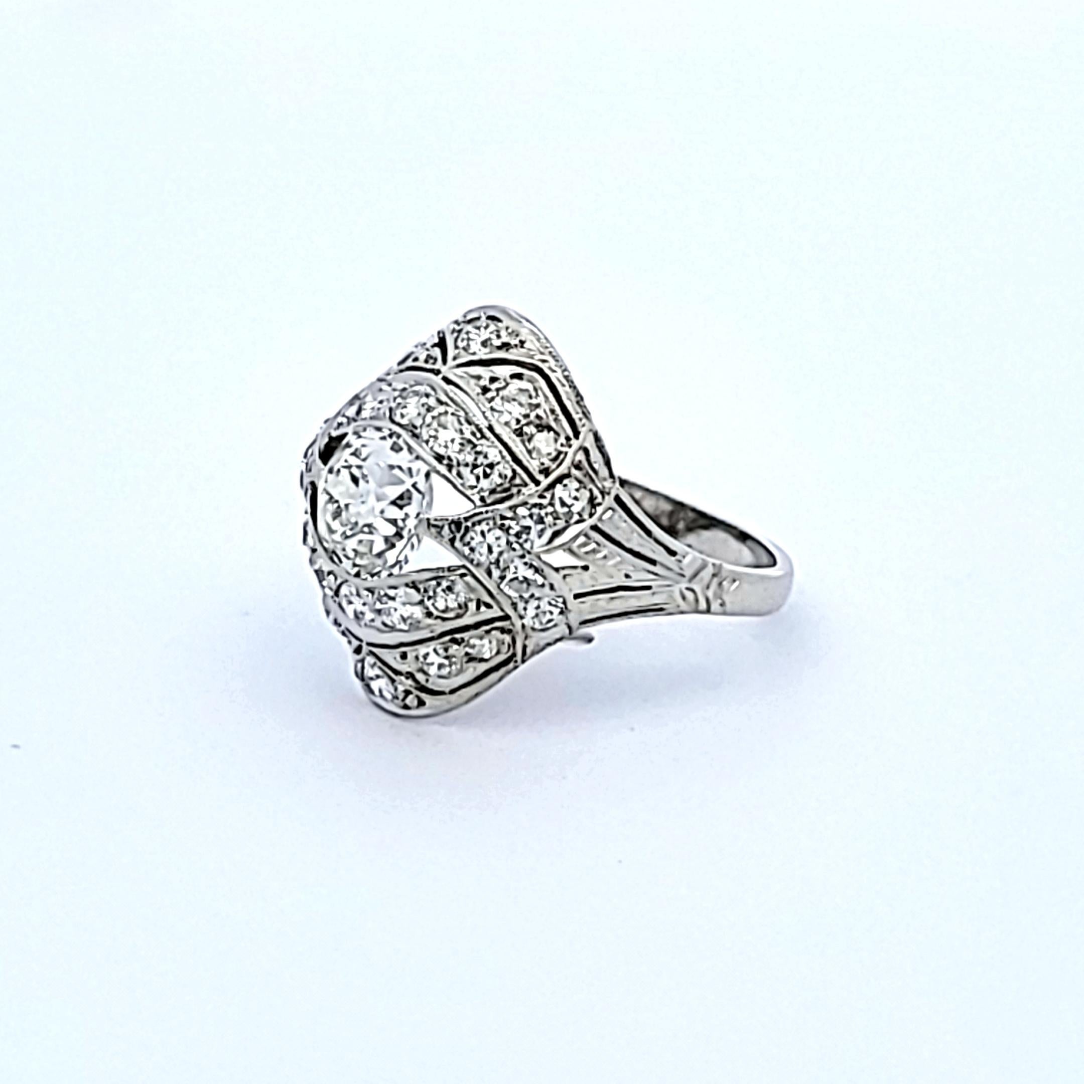2.25 Carat Marquis Shape and Round Brilliant Diamond Platinum Art Deco Ring For Sale 2