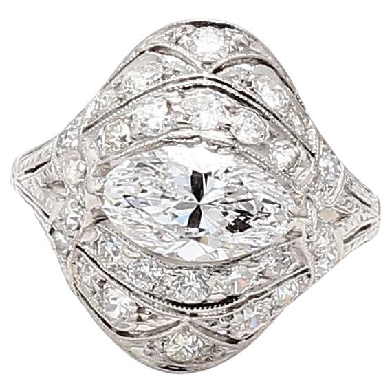 Anello Art Deco in platino con diamante rotondo e forma a marquis da 2,25 carati