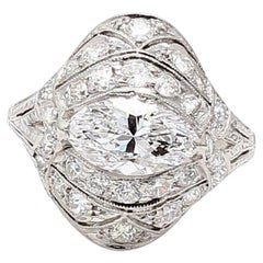 2.25 Carat Marquis Shape and Round Brilliant Diamond Platinum Art Deco Ring