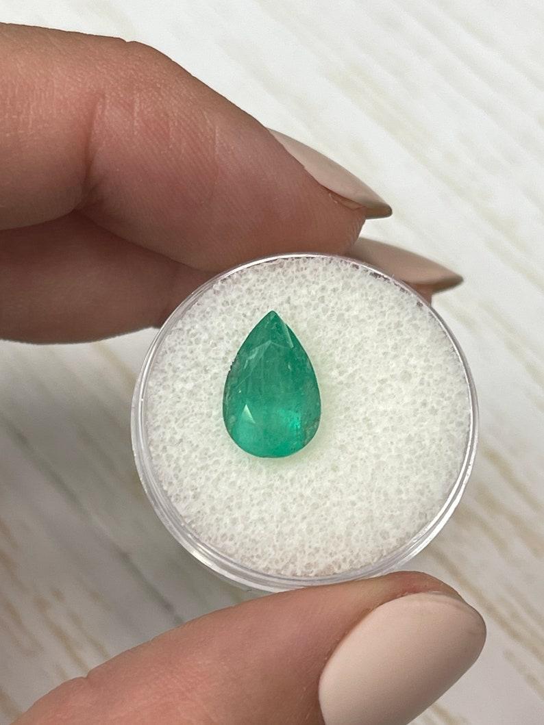 Modern 2.25 Carat Mossy Green Colombian Emerald - Pear Cut Teardrop May Birthstone For Sale