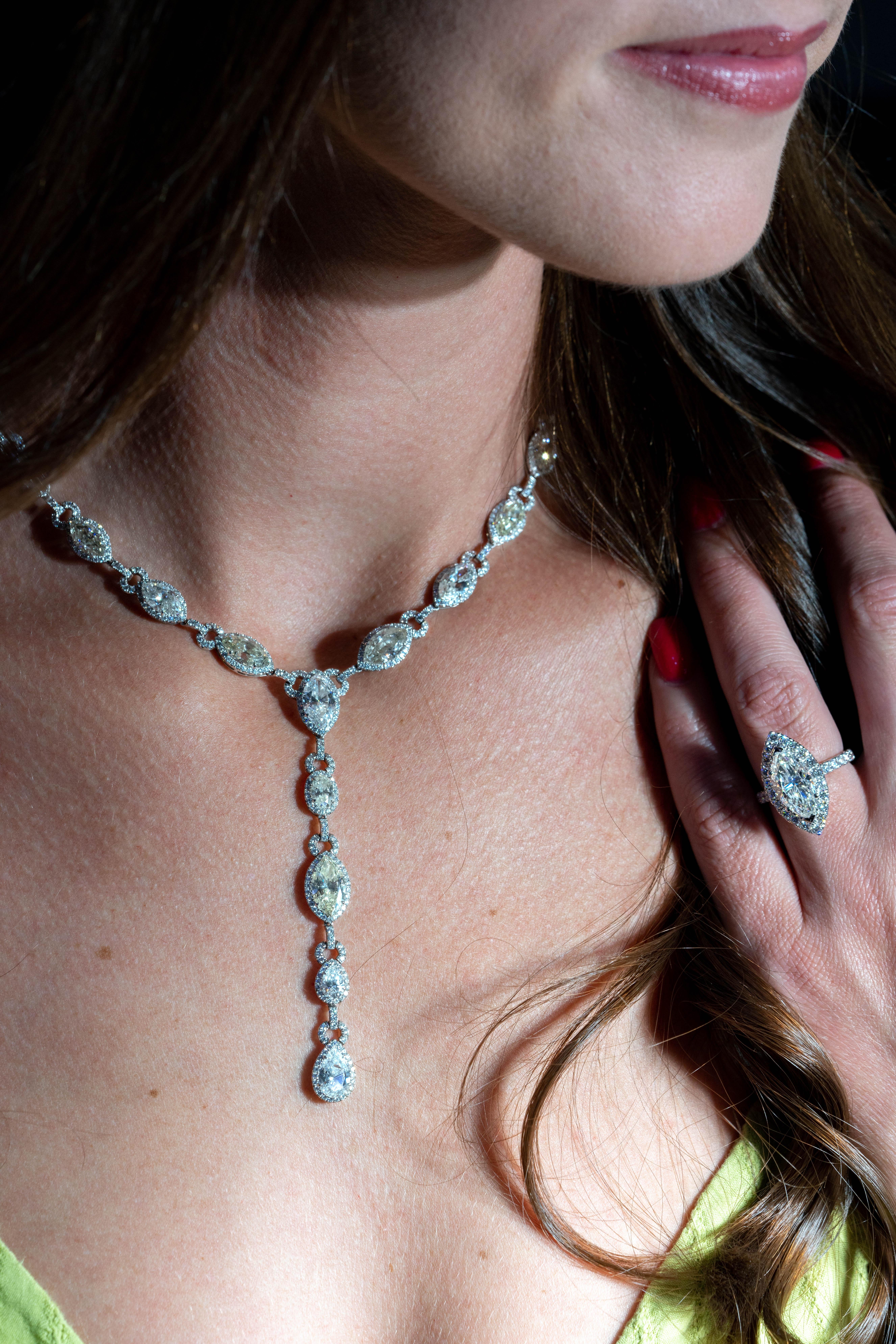 22.5 Carat Multi-Shape Diamond Drop Lariat Necklace Platinum in Stock For Sale