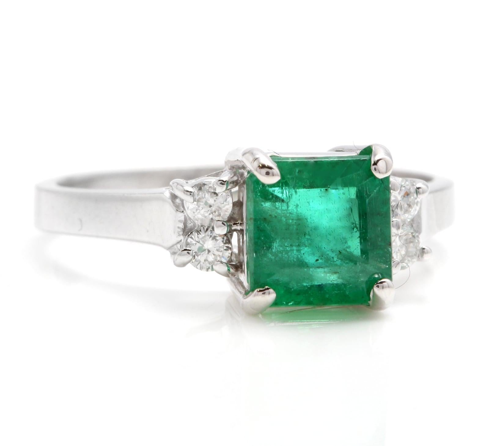 2.25 Carats Natural Emerald and Diamond 14K Solid White Gold Ring

Total Natural Green Emerald Weight is: Approx. 2.10 Carats (transparent)

Emerald Measures: 6.50 x 6.60mm

Natural Round Diamonds Weight: .15 Carats (color G-H / Clarity