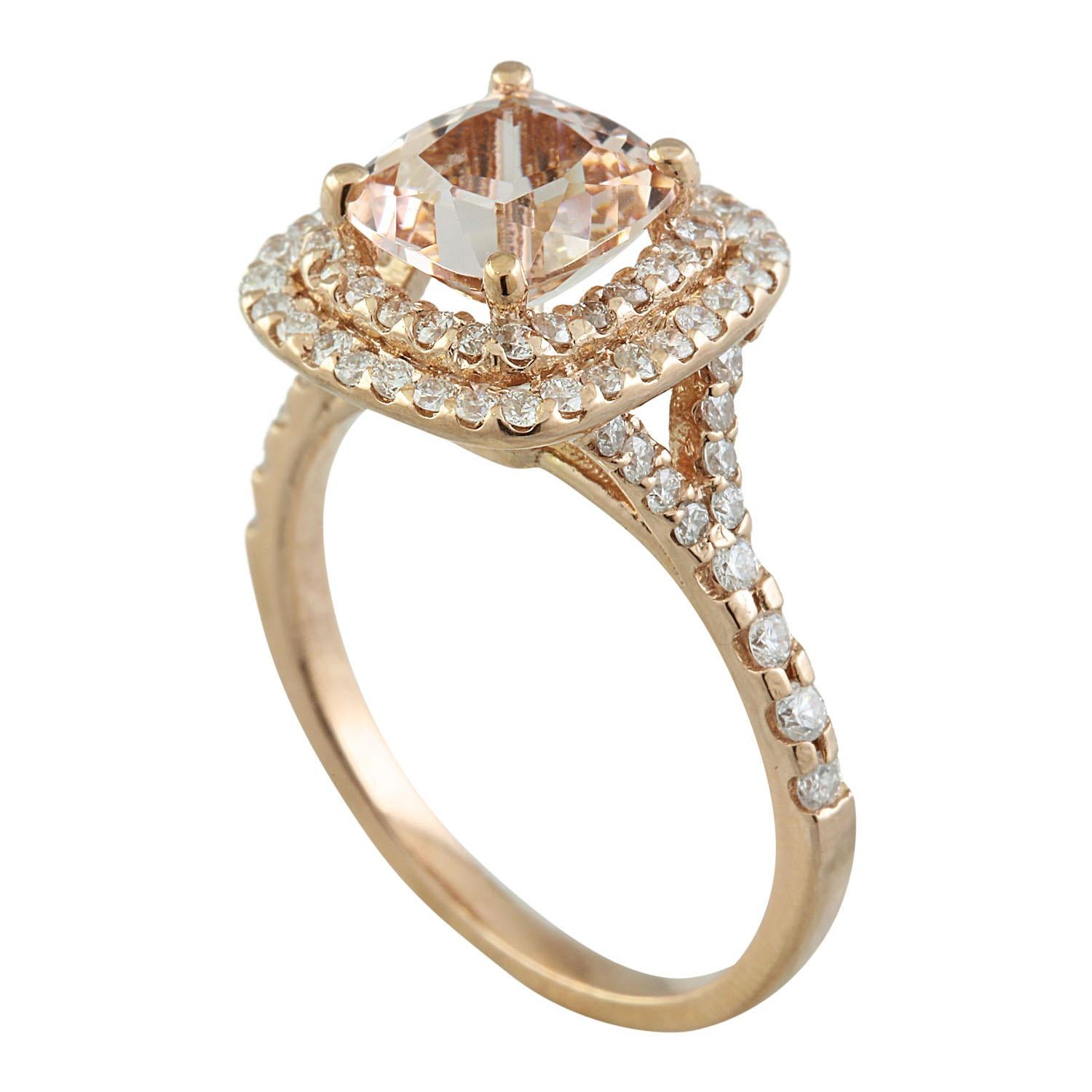 Cushion Cut 2.25 Carat Natural Morganite 14 Karat Solid Rose Gold Diamond Ring For Sale