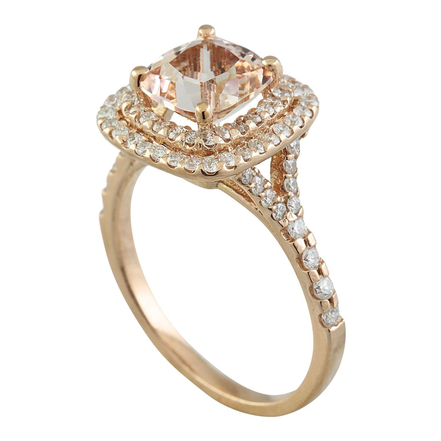 Taglio cuscino Anello con diamante in oro rosa massiccio da 2,25 carati di Morganite naturale da 14 carati in vendita