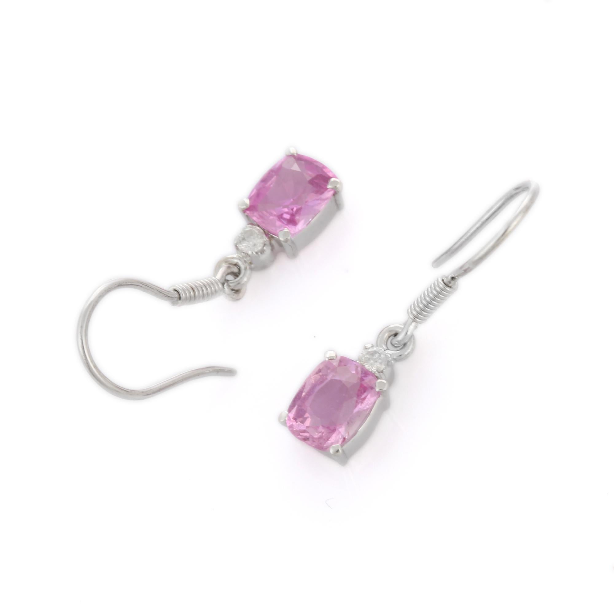 Artist 2.25 Carat Natural Pink Sapphire Diamond Hook Dangle Earrings in 18K White Gold  For Sale