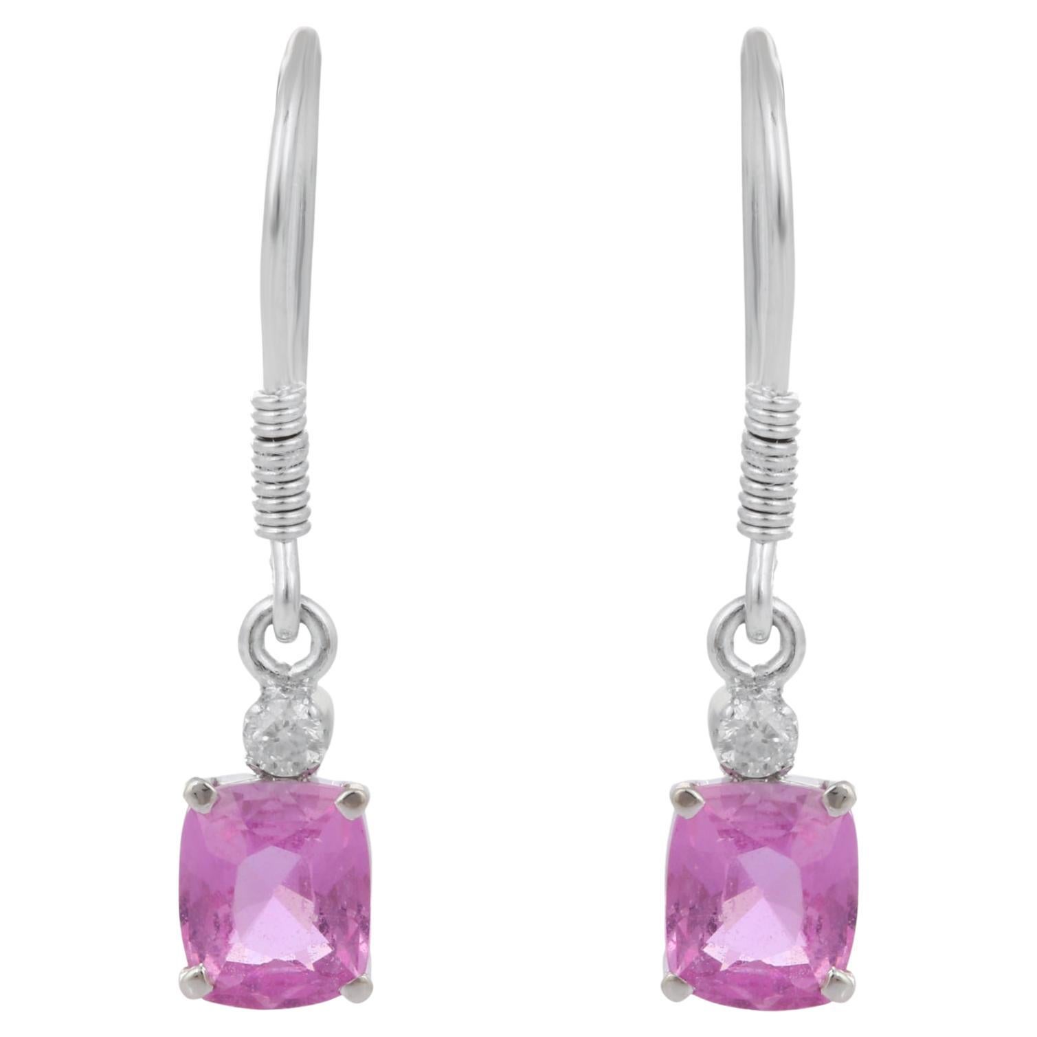 2.25 Carat Natural Pink Sapphire Diamond Hook Dangle Earrings in 18K White Gold  For Sale