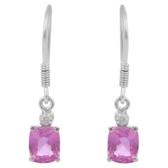 Boucles d'oreilles pendantes en or blanc 18 carats, 2.25 carats, saphir rose naturel, diamant, crochet 