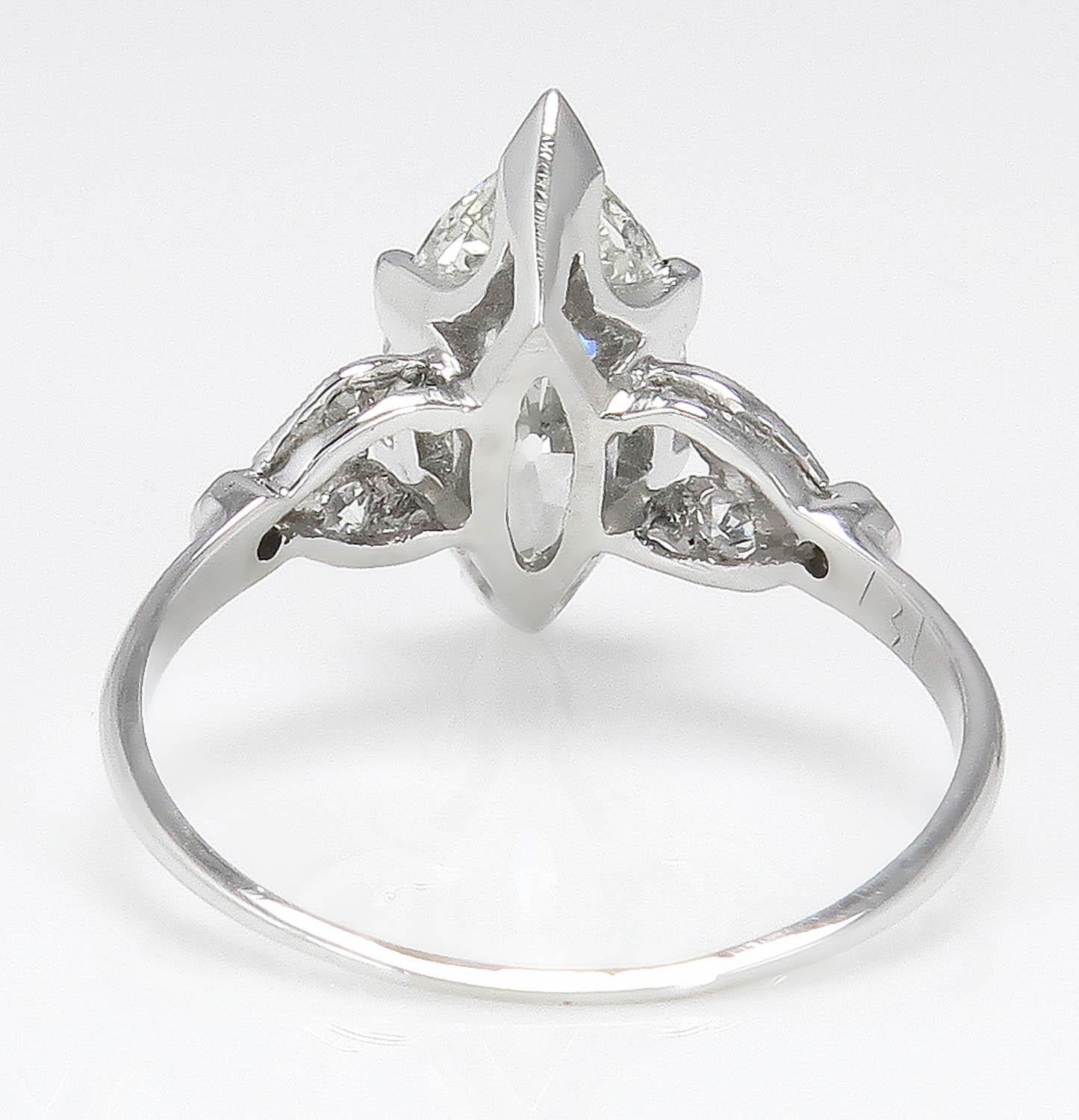 Art Deco 2.25 Carat Old Euro Marquise Diamond Engagement Wedding Platinum Ring EGL USA