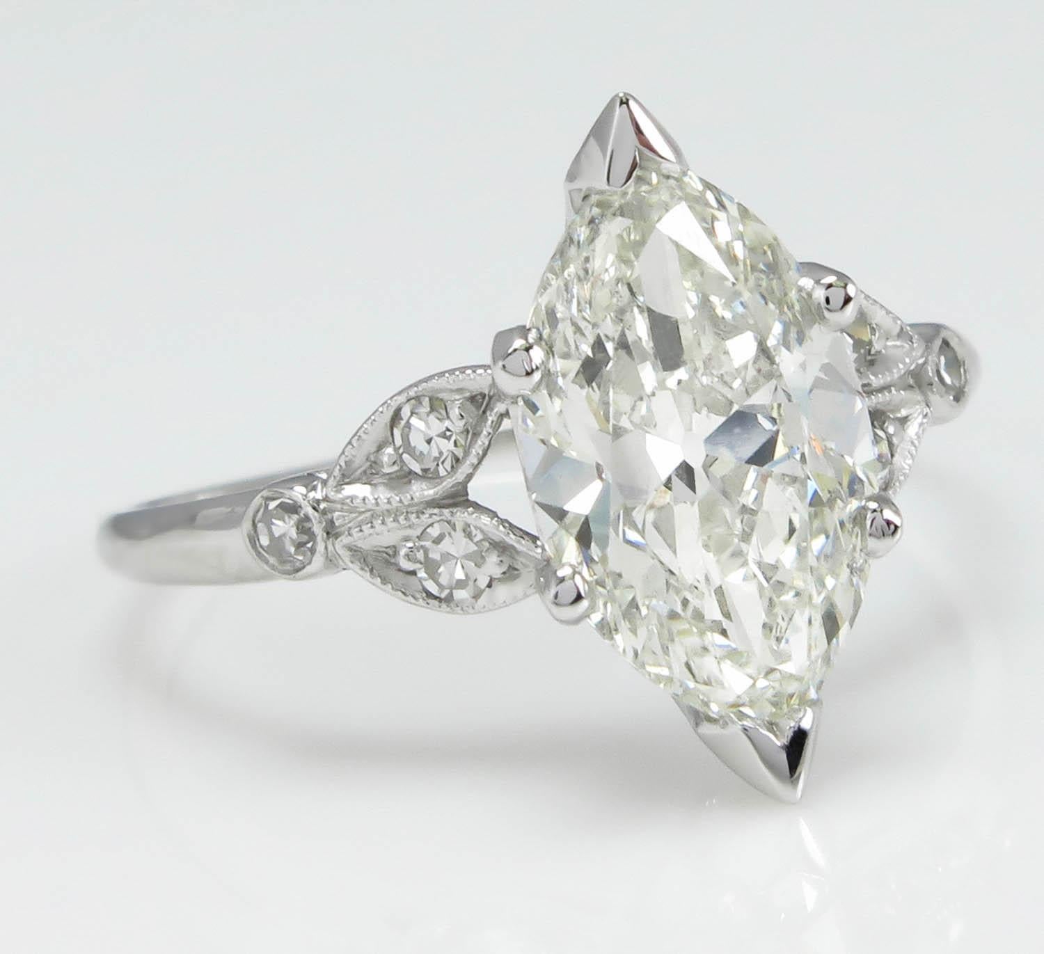 2.25 Carat Old Euro Marquise Diamond Engagement Wedding Platinum Ring EGL USA In Good Condition In New York, NY