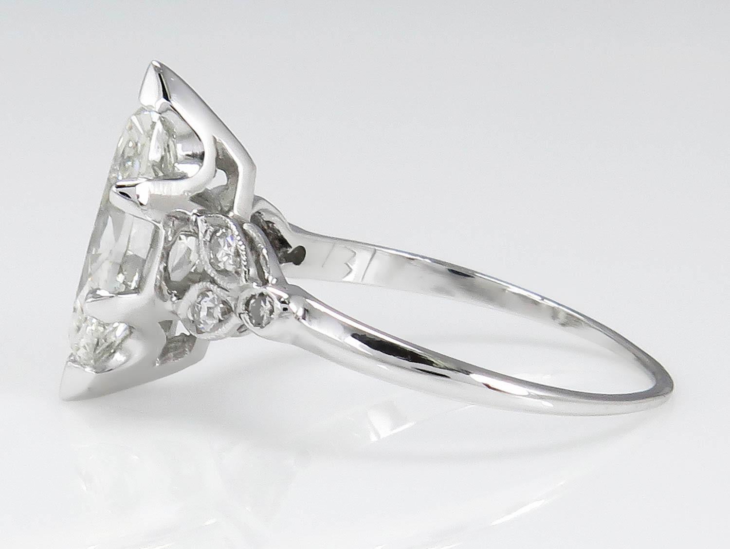 Women's 2.25 Carat Old Euro Marquise Diamond Engagement Wedding Platinum Ring EGL USA