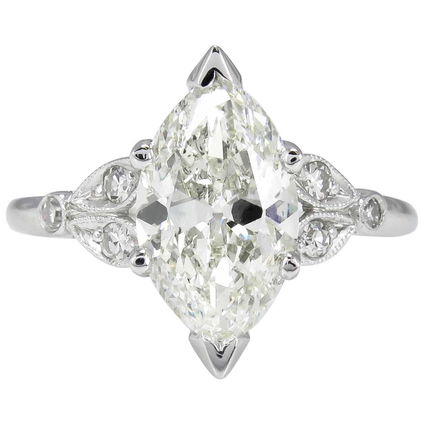 2.25 Carat Old Euro Marquise Diamond Engagement Wedding Platinum Ring EGL USA