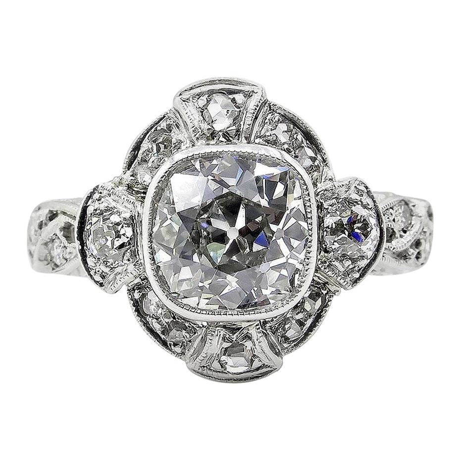 2.25 Carat Old Mine Cushion Diamond Engagement Platinum Ring EGL, USA