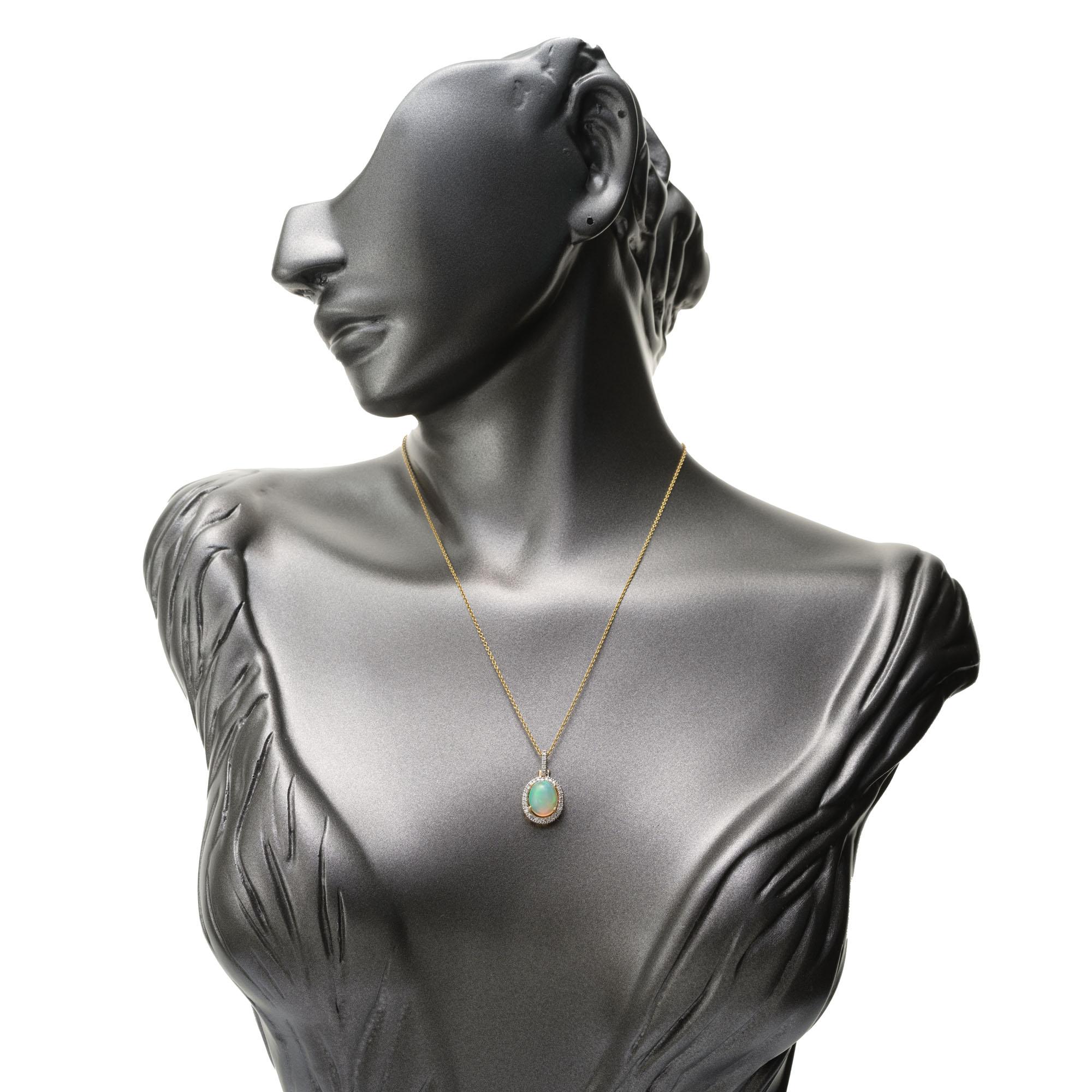 Women's 2.25 Carat Opal Diamond Halo Yellow Gold Pendant Necklace For Sale