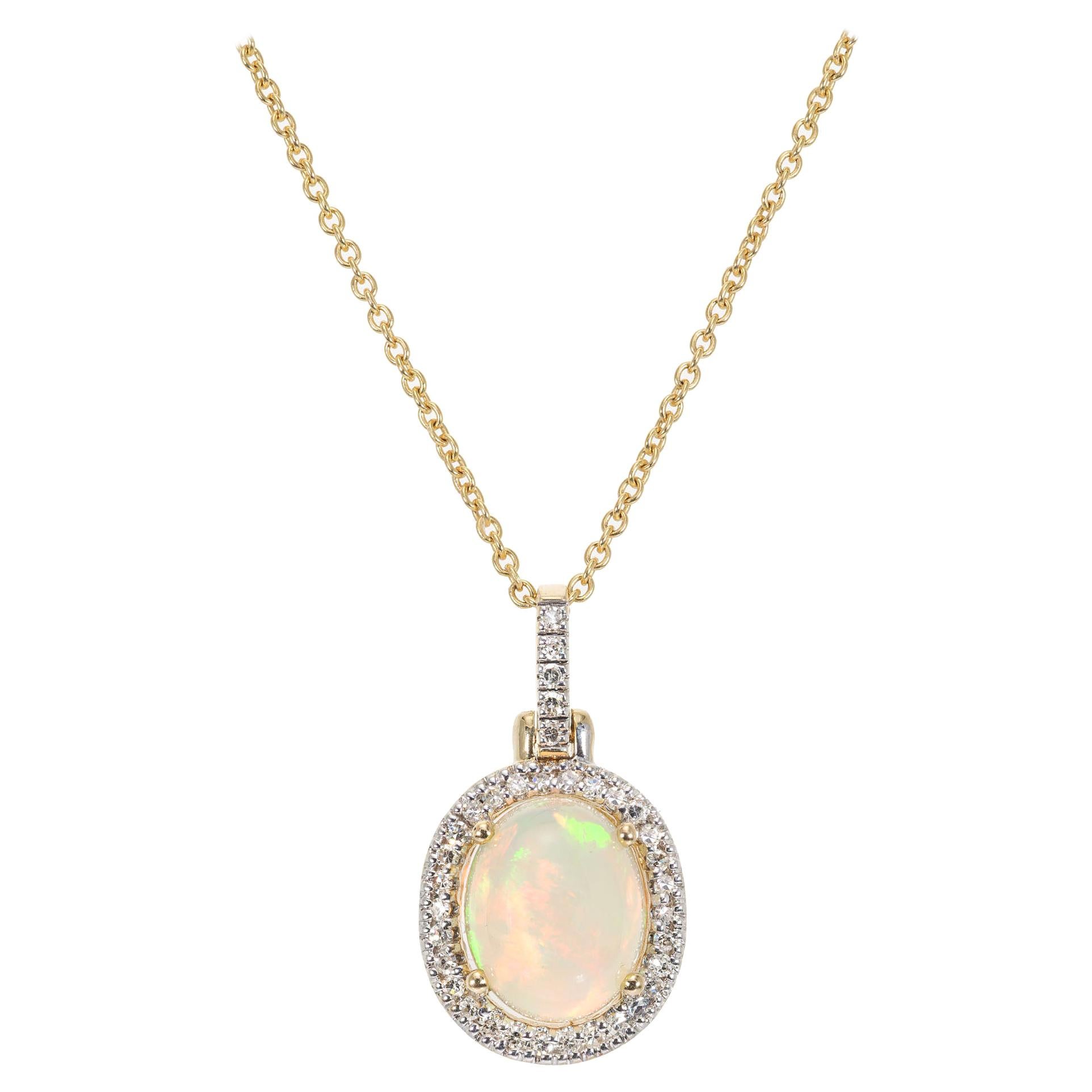 2.25 Carat Opal Diamond Halo Yellow Gold Pendant Necklace For Sale