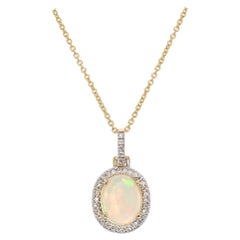 2.25 Carat Opal Diamond Halo Yellow Gold Pendant Necklace