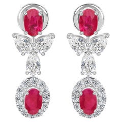 Ruby Diamond Butterfly Halo Drop Earrings 2.25 Ct 18k White Gold