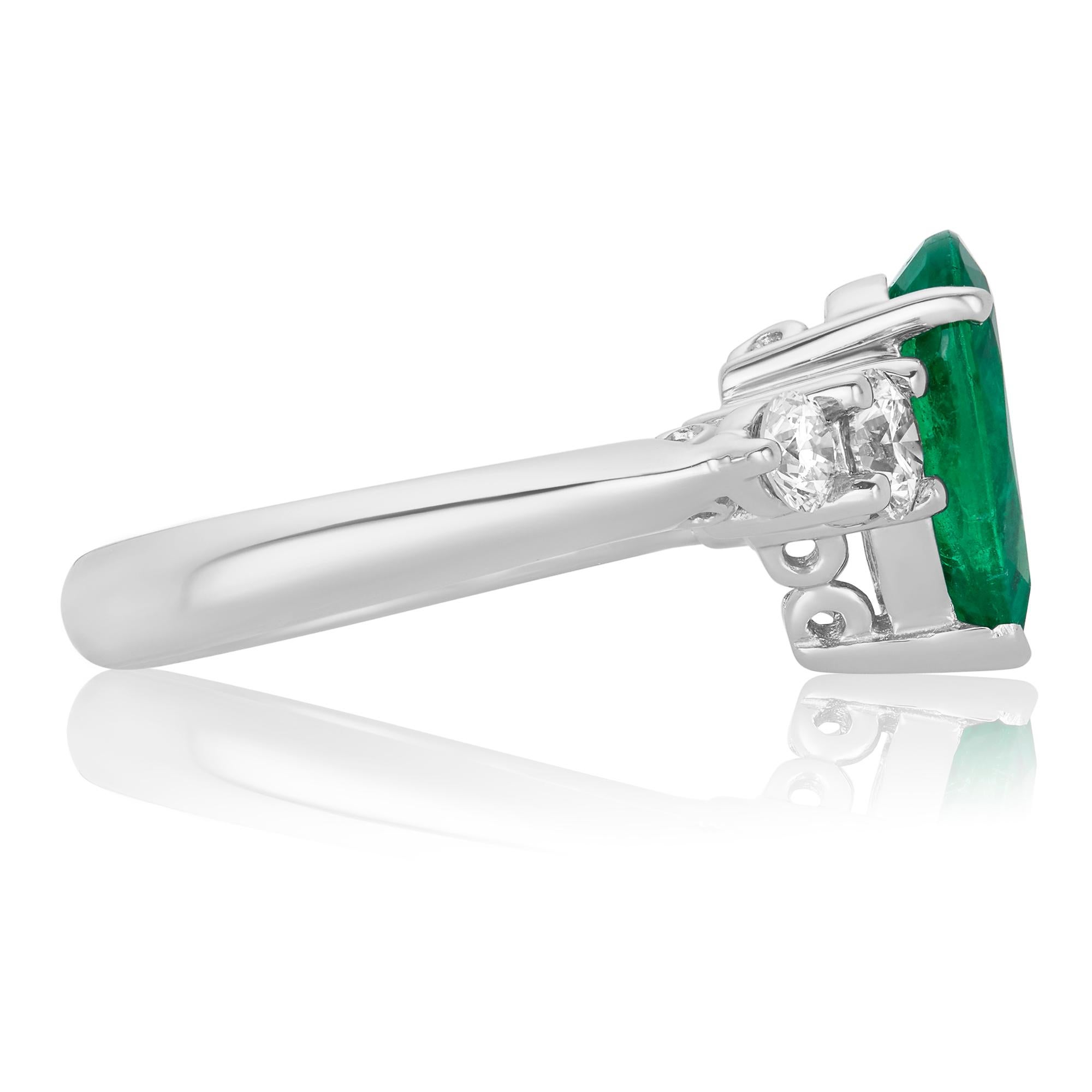 Metal: 18K White Gold
Center Stone: 1 Pear Shaped Emerald at 2.25 ct- Measuring 11.3 x 7.3 mm
Diamond Details: 4 Brilliant Round White Diamonds at 0.83 Carats- Clarity: SI / Color H-I
Ring size: Customizable

Undeniably rare, colorfully bright, and