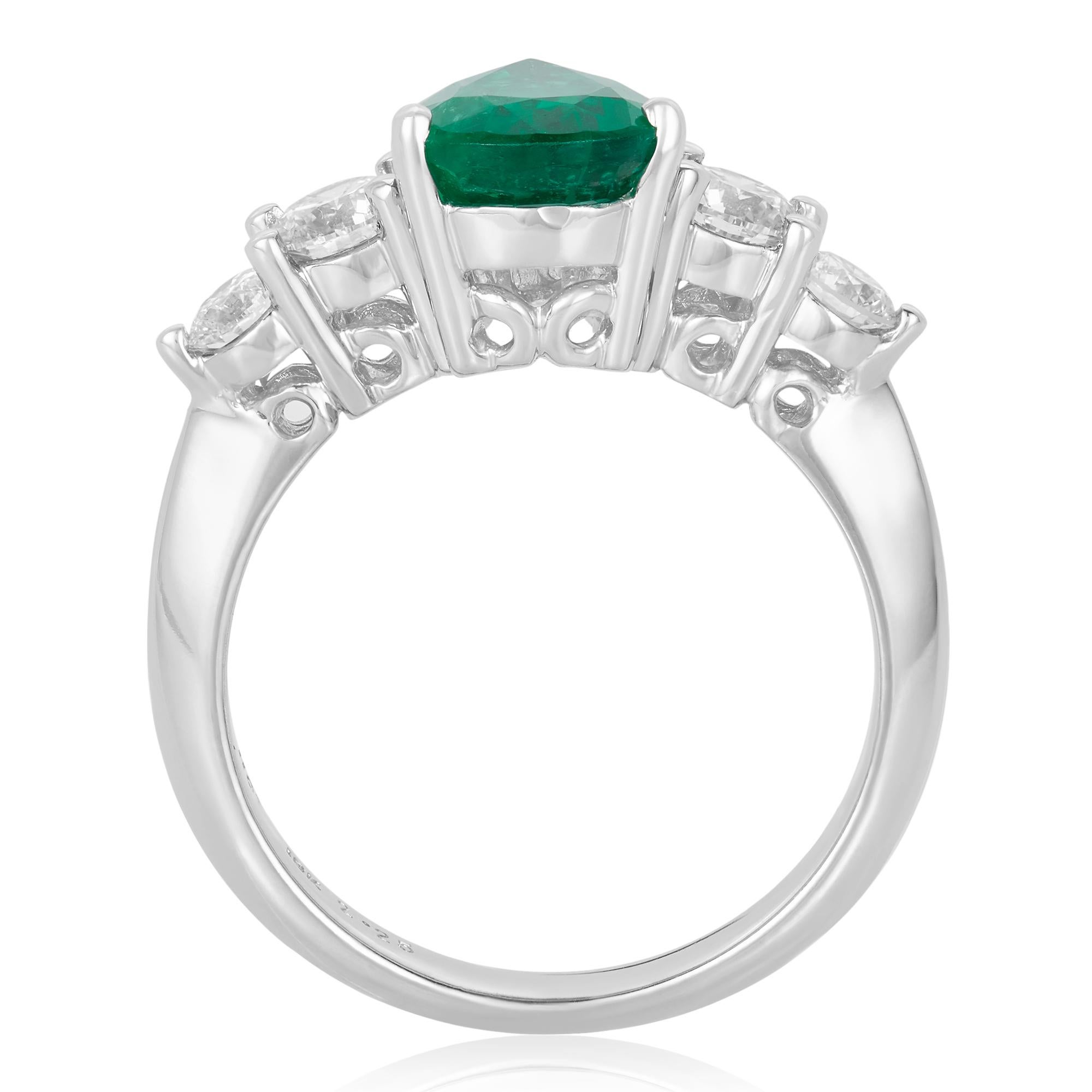 Contemporary 2.25 Carat Pear Shape Emerald and Round White Diamond Ring 18 Karat Gold